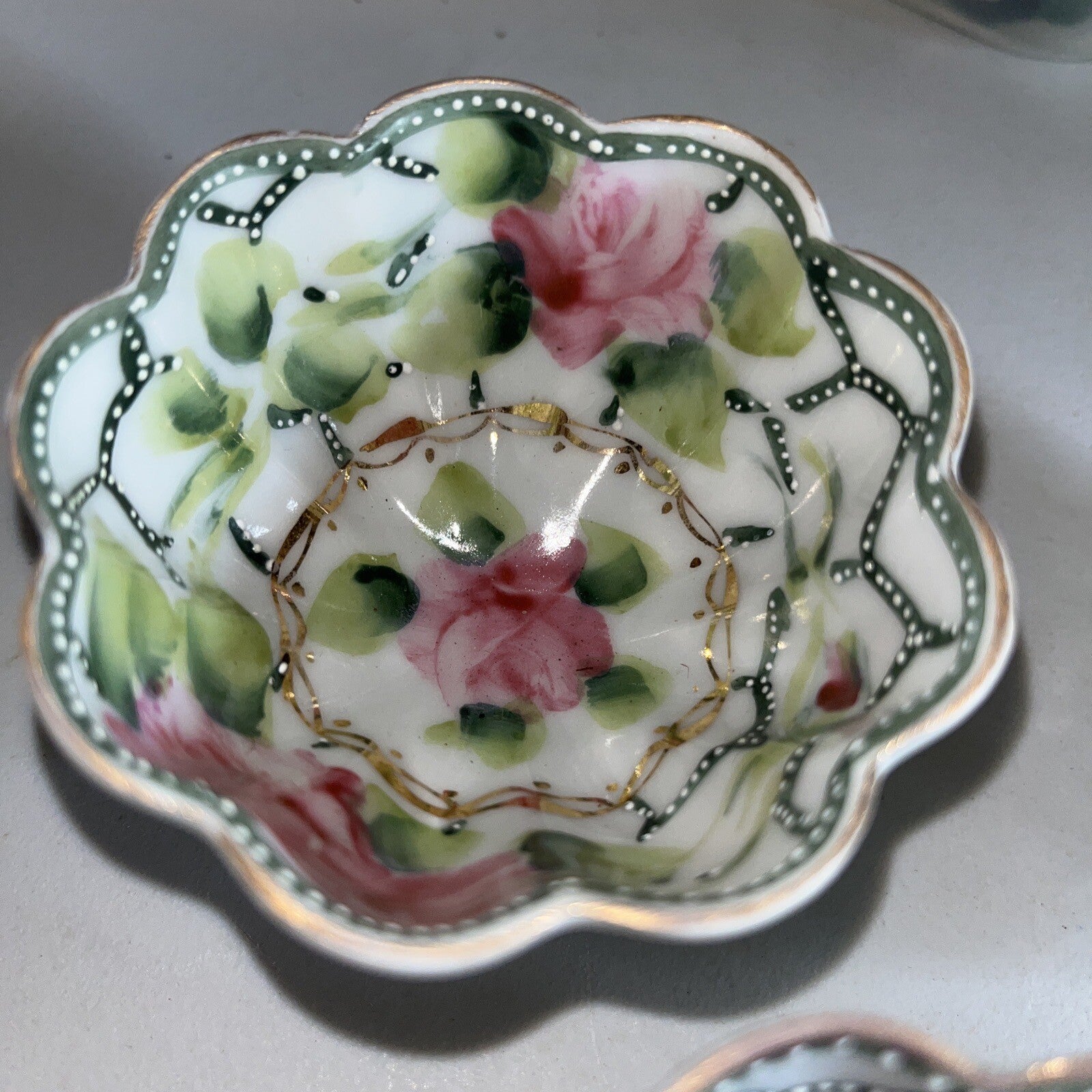Vintage Antique Nippon Hand Painted Floral Scalloped Gilded Tiny Bowls Set Of 4