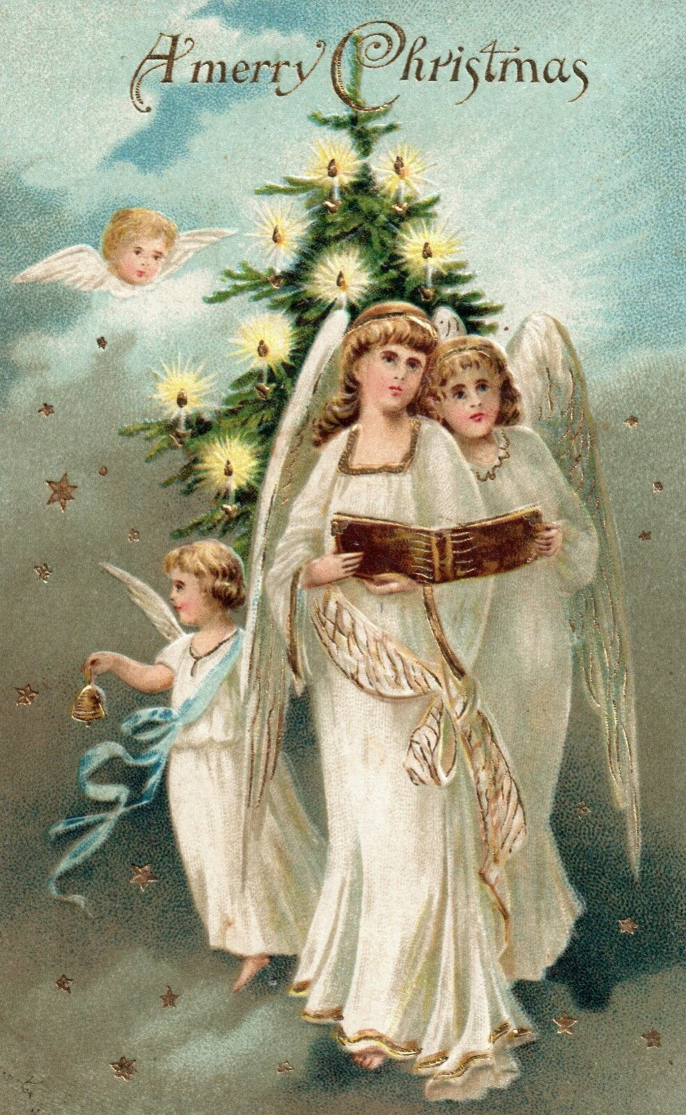 A Merry Christmas Angels Singing Hymns Around Tree Angel Christmas Postcard