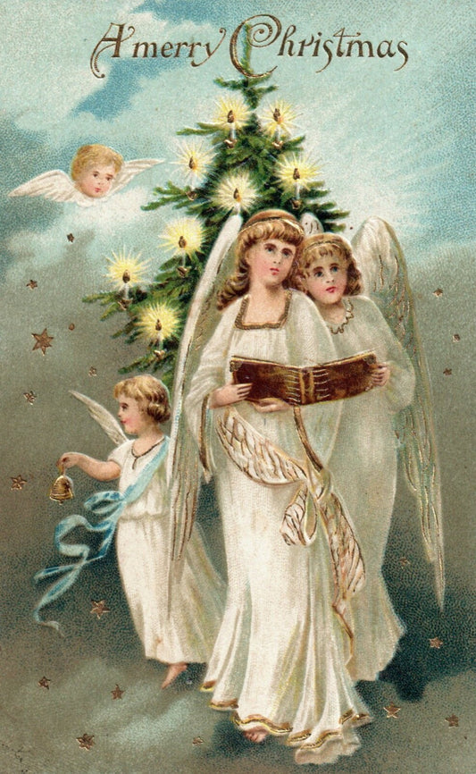 A Merry Christmas Angels Singing Hymns Around Tree Angel Christmas Postcard