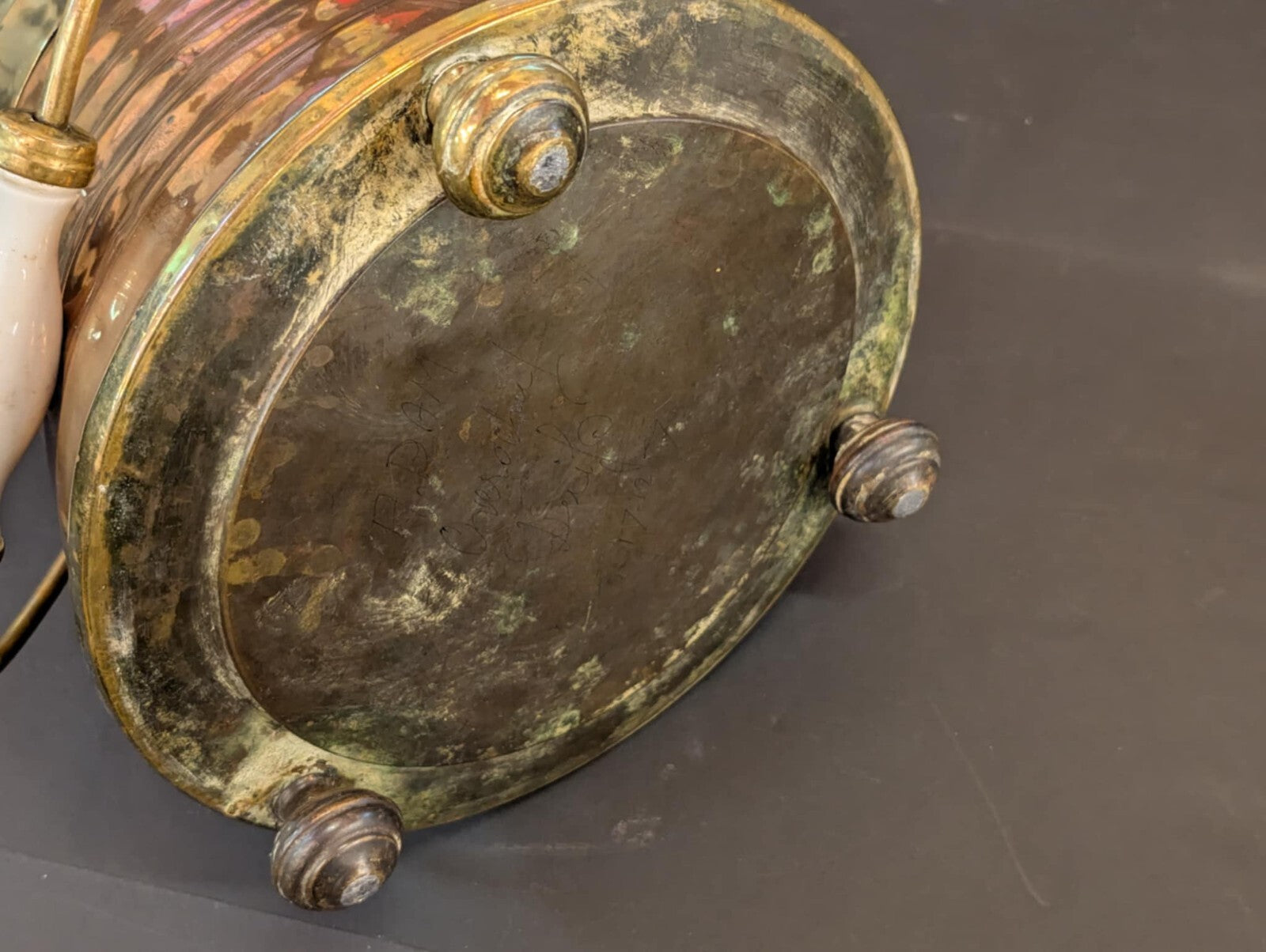 Vintage Copper And Brass Covered Ash Bucket With Porcelain Handle Antique