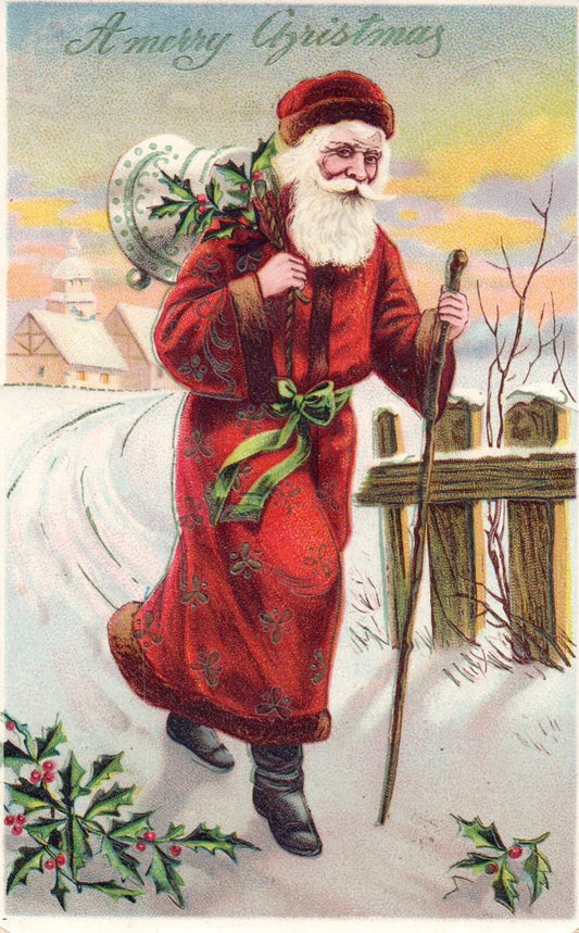 A Merry Christmas Red Coat Santa Hiking with Silver Bells Vintage Santa Postcard