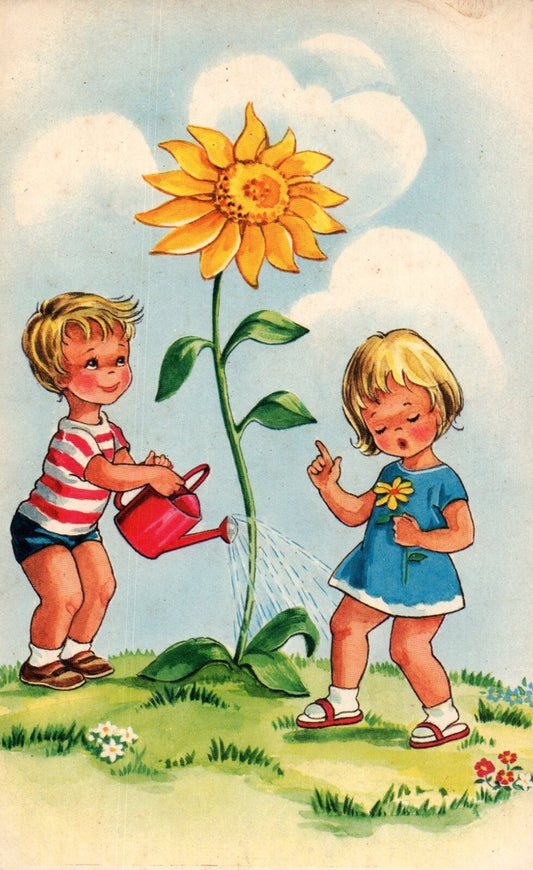 Vintage Children boy girl water Sunflower Postcard