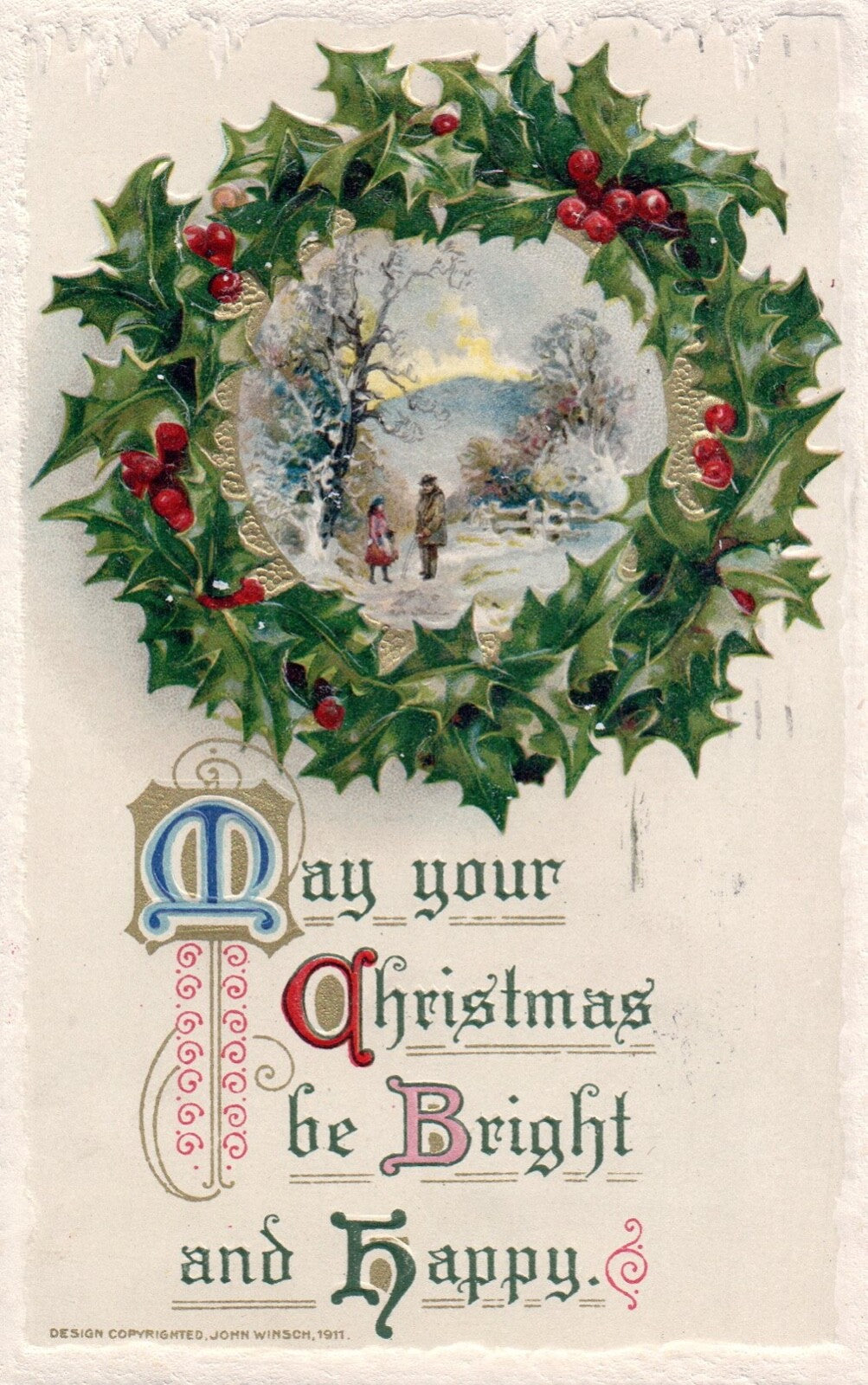 John Winsch May Your Christmas Be Bright & Happy Wreath & Holly Vintage Postcard