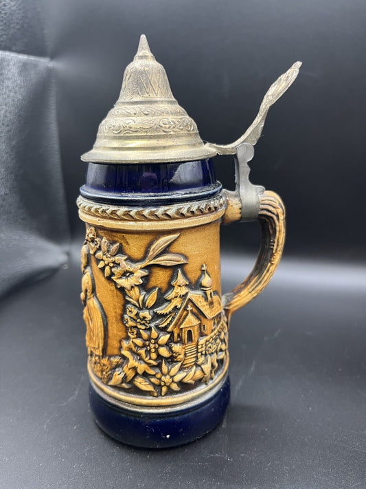 Vintage GERZIT Gerz German Pewter Lidded Beer Stein, Cobolt Blue Glazed