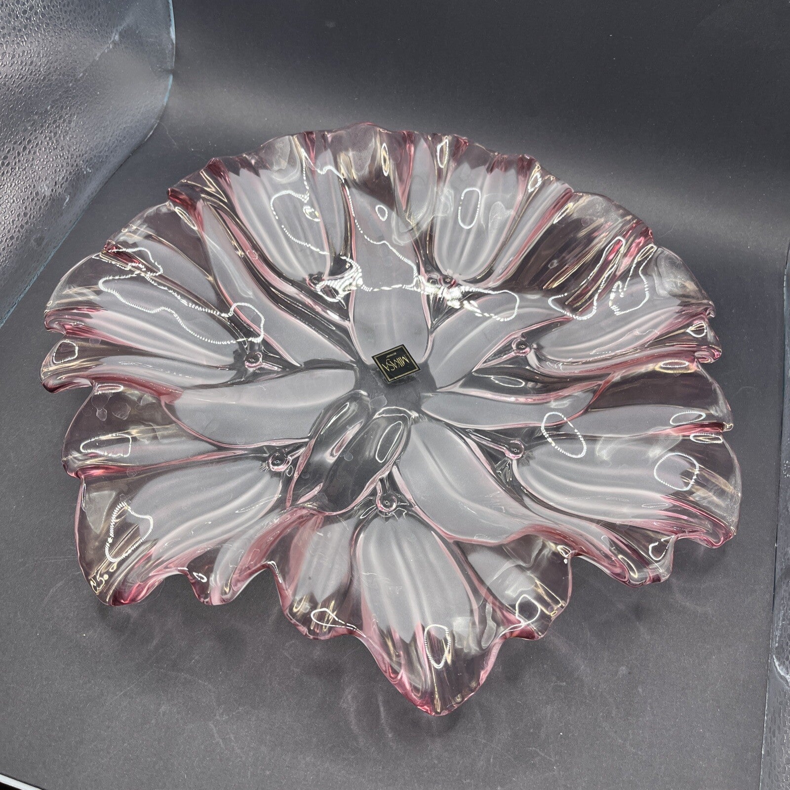 Art Glass Plate Pink Frosted White Tulip Floral Ruffle Edge 13” In Mikasa