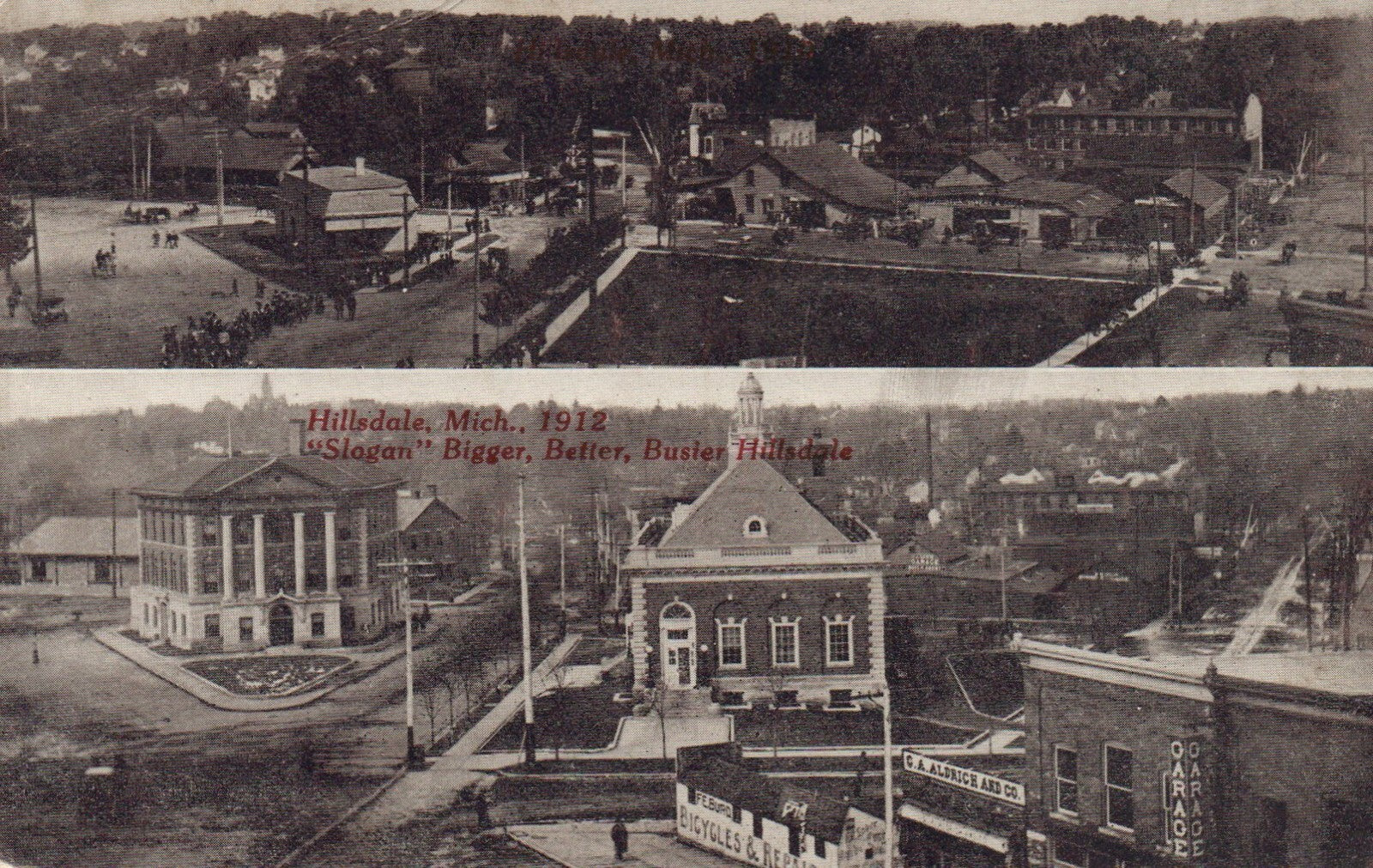 1912 Hillsdale "Slogan" Bigger, Better, Busier Hillsdale Michigan MI Postcard