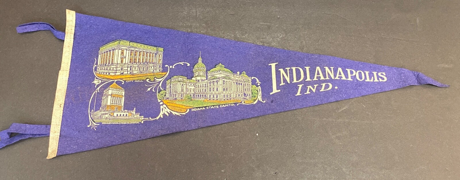 1940's Vintage Indianapolis Indiana Blue Large Pennant Flag 27 X 11 FELT