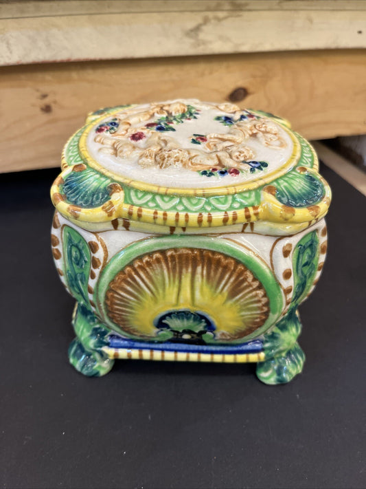 Vintage 50s Japanese Trinket Box Majolica Maruhon Ware Bonboniere Lidded Jewelry
