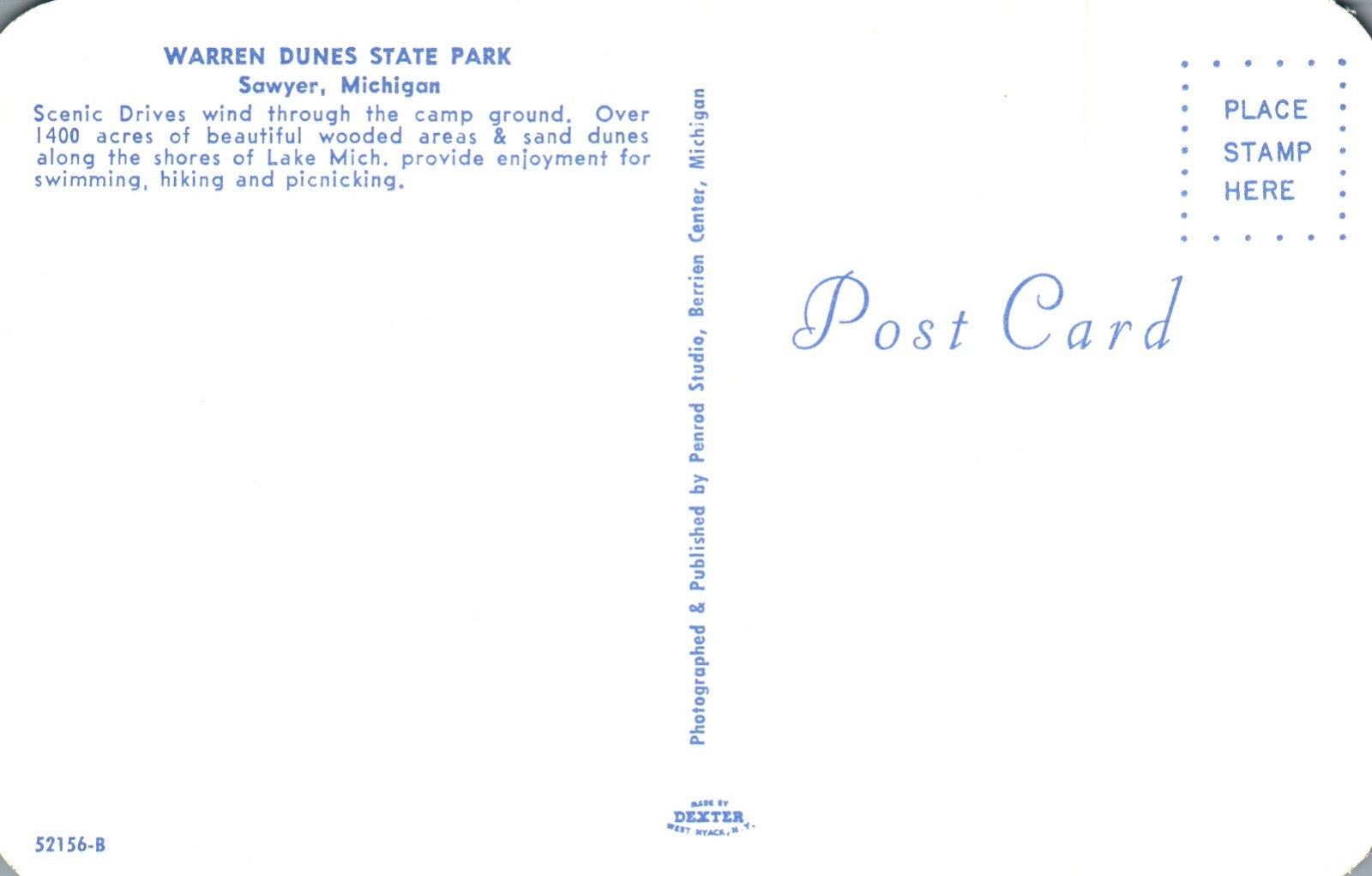Warren Dunes State Park Scenic Drive In Camp Ground Sawyer MI Michigan Postcard