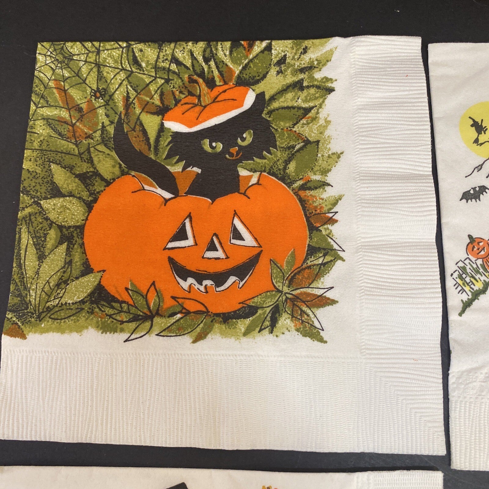 Vintage Orange HALLOWEEN PAPER NAPKIN Lot of 4 ALL WITCHES, Black cats, J.O.L
