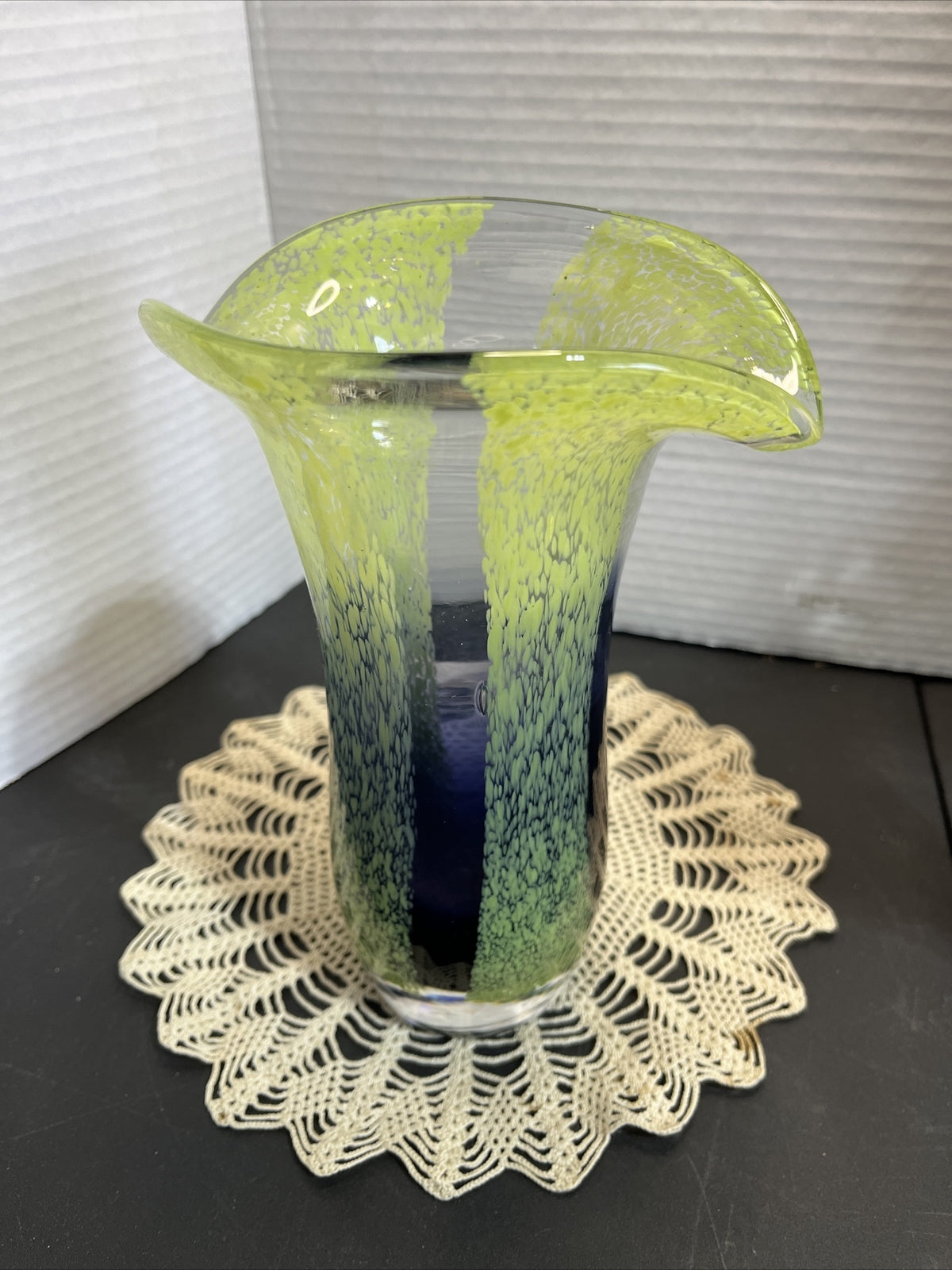 Vintage Teleflora Art Glass Vase Speckled Green Cobalt Blue Hand Blown 8”Tall