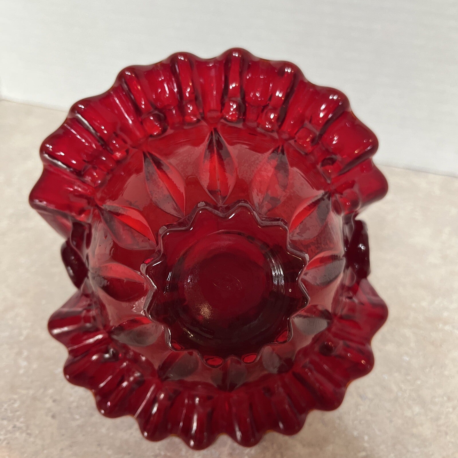 Vintage Fenton Ruby Red Smooth Glass Basket Ruffled Edges Twisted Handle