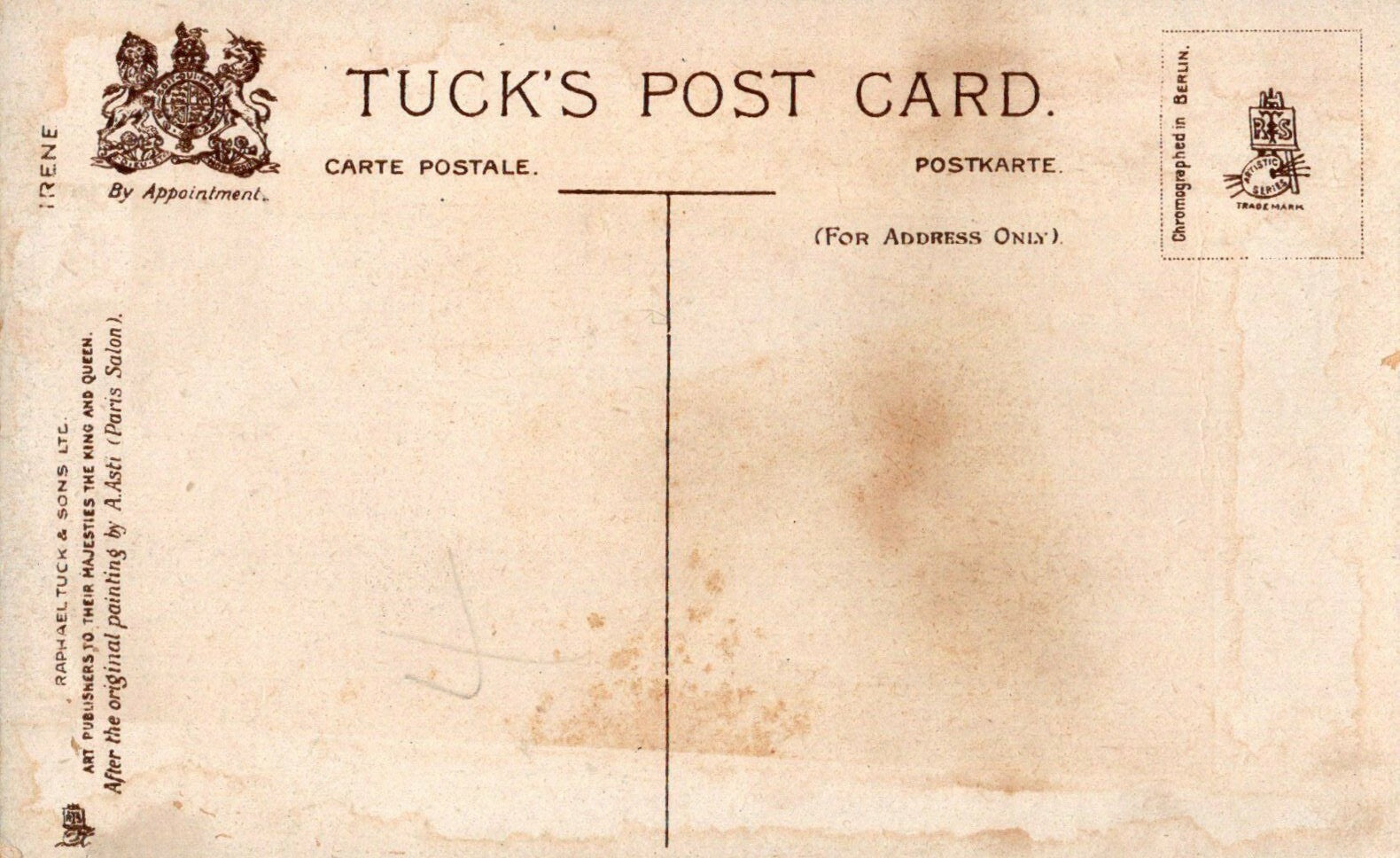 Artist Signed A Asti Raphael Tuck & Sons Irene with Red Bow in Brown Hair