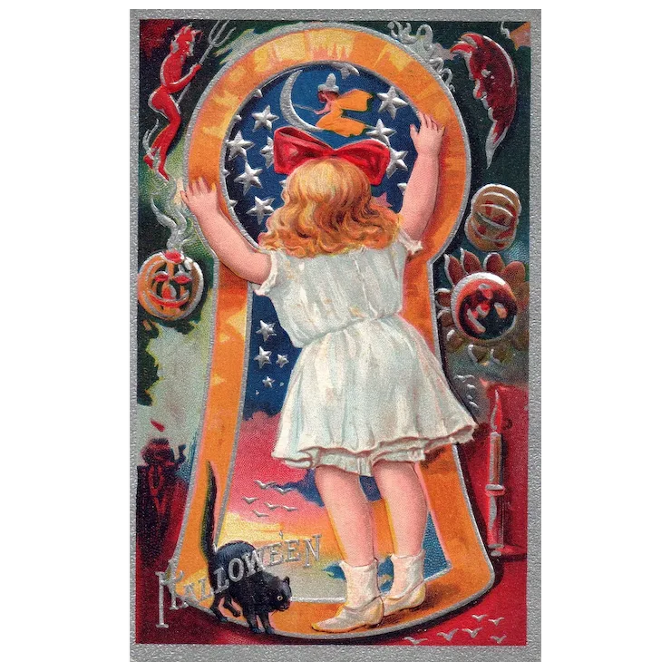 Halloween Black Cat & Little Girl Looking in Keyhole Witch & Devil Halloween PC