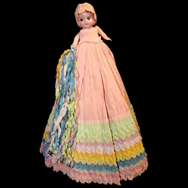 1930's Celluloid Carnival Doll with colorful crepe paper dress