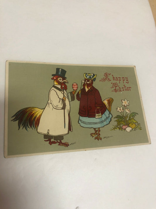 1911 Fancy Dressed Rooster & Hen Easter Gel Finish vintage Postcard