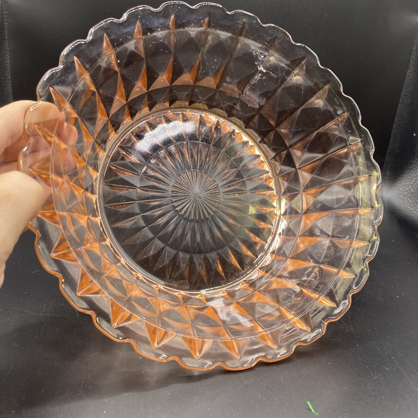 8.5" Vintage Pink Depression Glass Cube Diamond Scalloped Edge Bowl