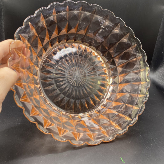 8.5" Vintage Pink Depression Glass Cube Diamond Scalloped Edge Bowl