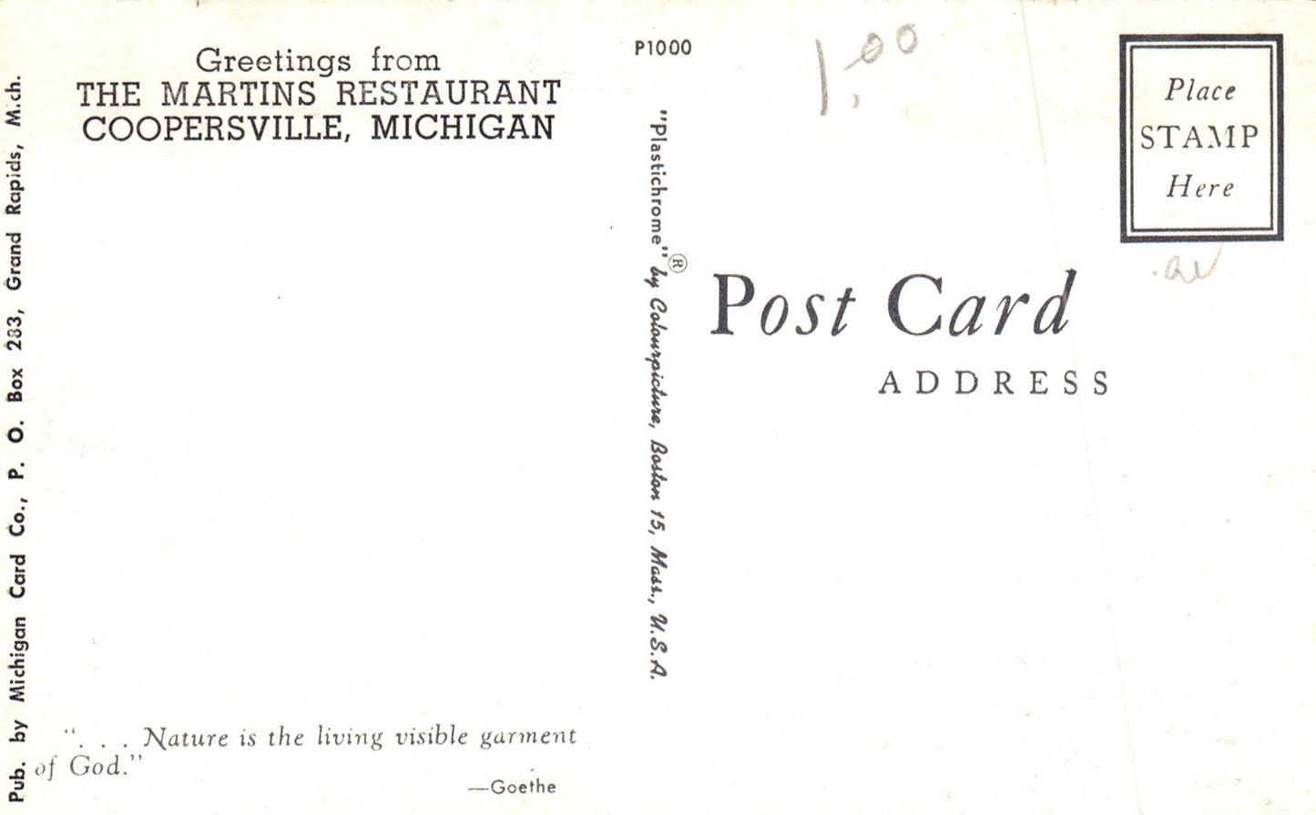 Greetings From the Martins Restaurant in Coopersville MI Michigan Postcard