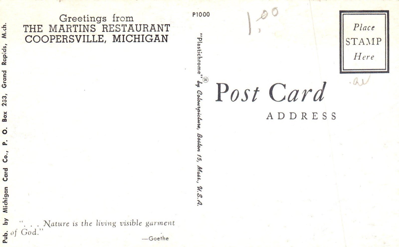 Greetings From the Martins Restaurant in Coopersville MI Michigan Postcard