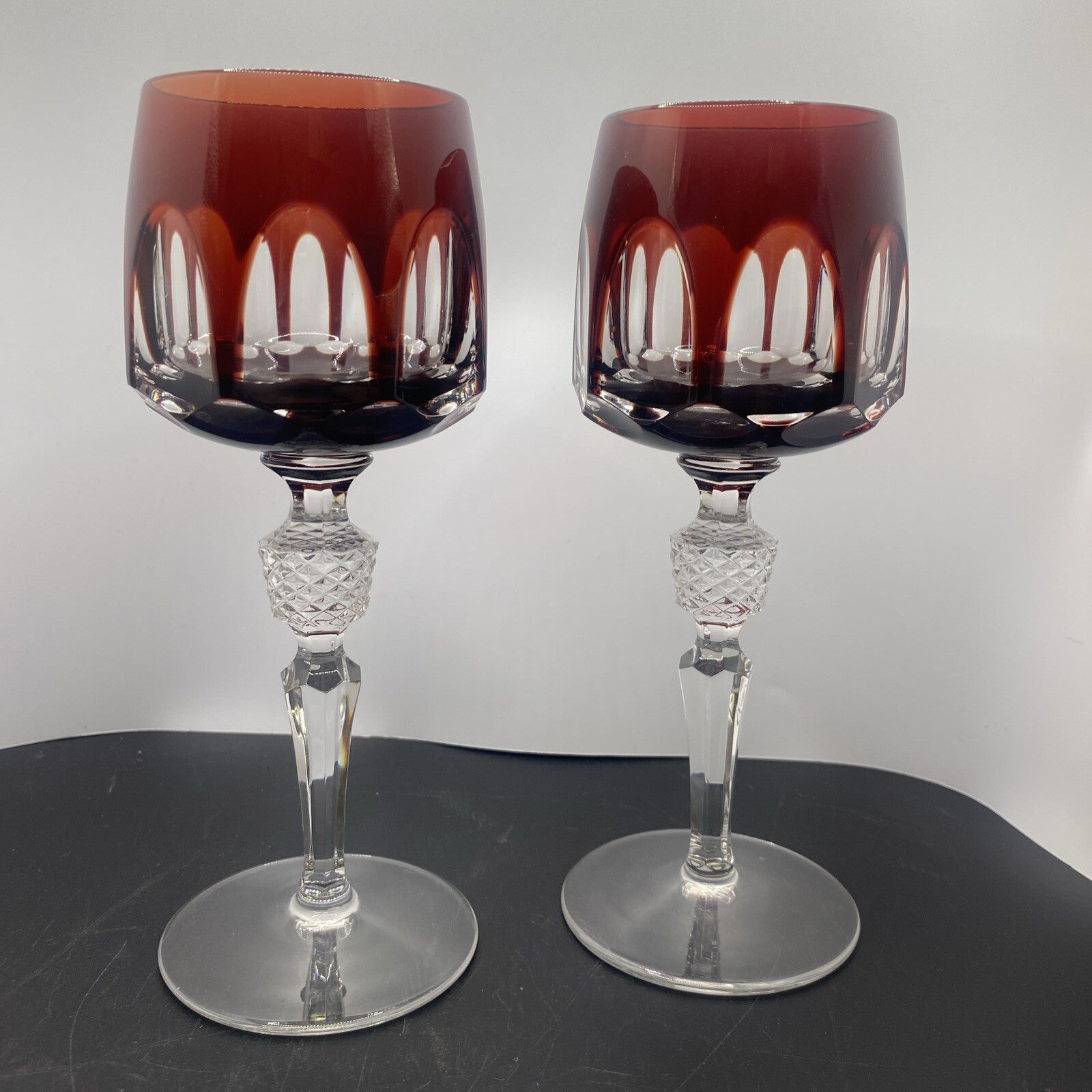 2 NACHTMANN ANTIKA Crystal 8" Cut To Clear WINE GOBLET Bohemian Ruby Red
