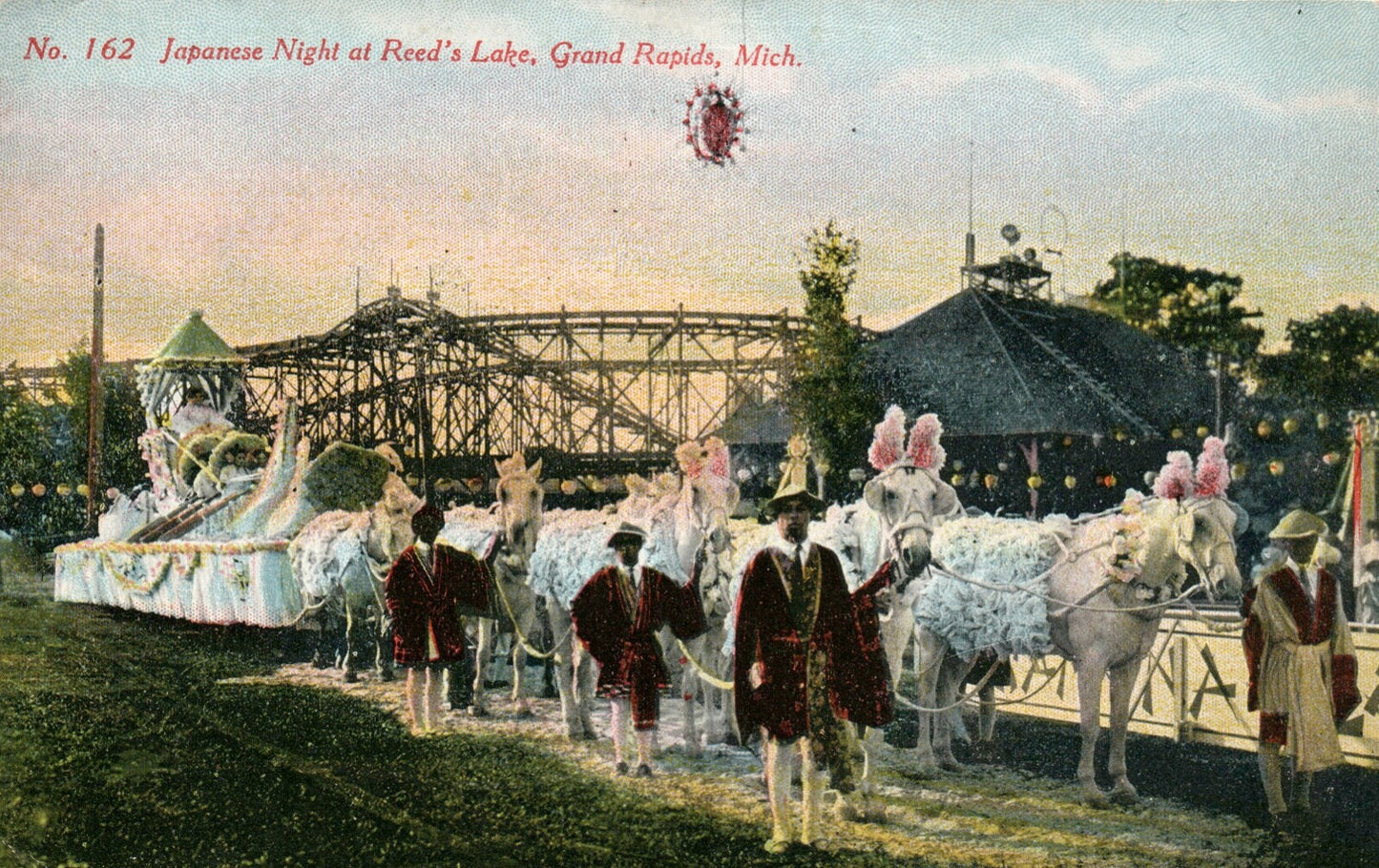 No 162 Japanese Night at Reeds Lake Float Horses Grand Rapids Michigan Postcard