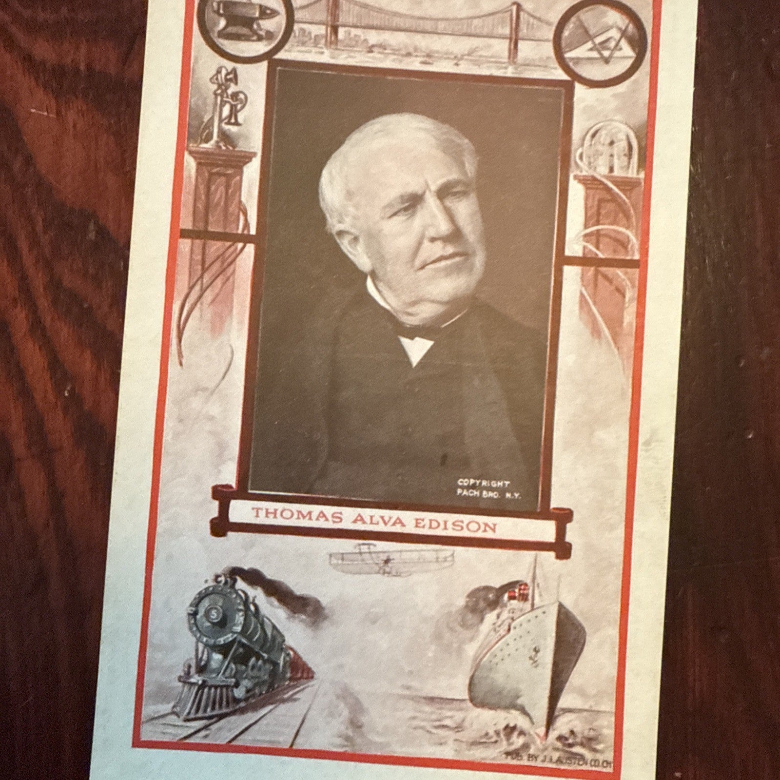 Thomas Alva Edison by J I Austen Postcard Anvil Ship Plane Train c1910's *Scarce