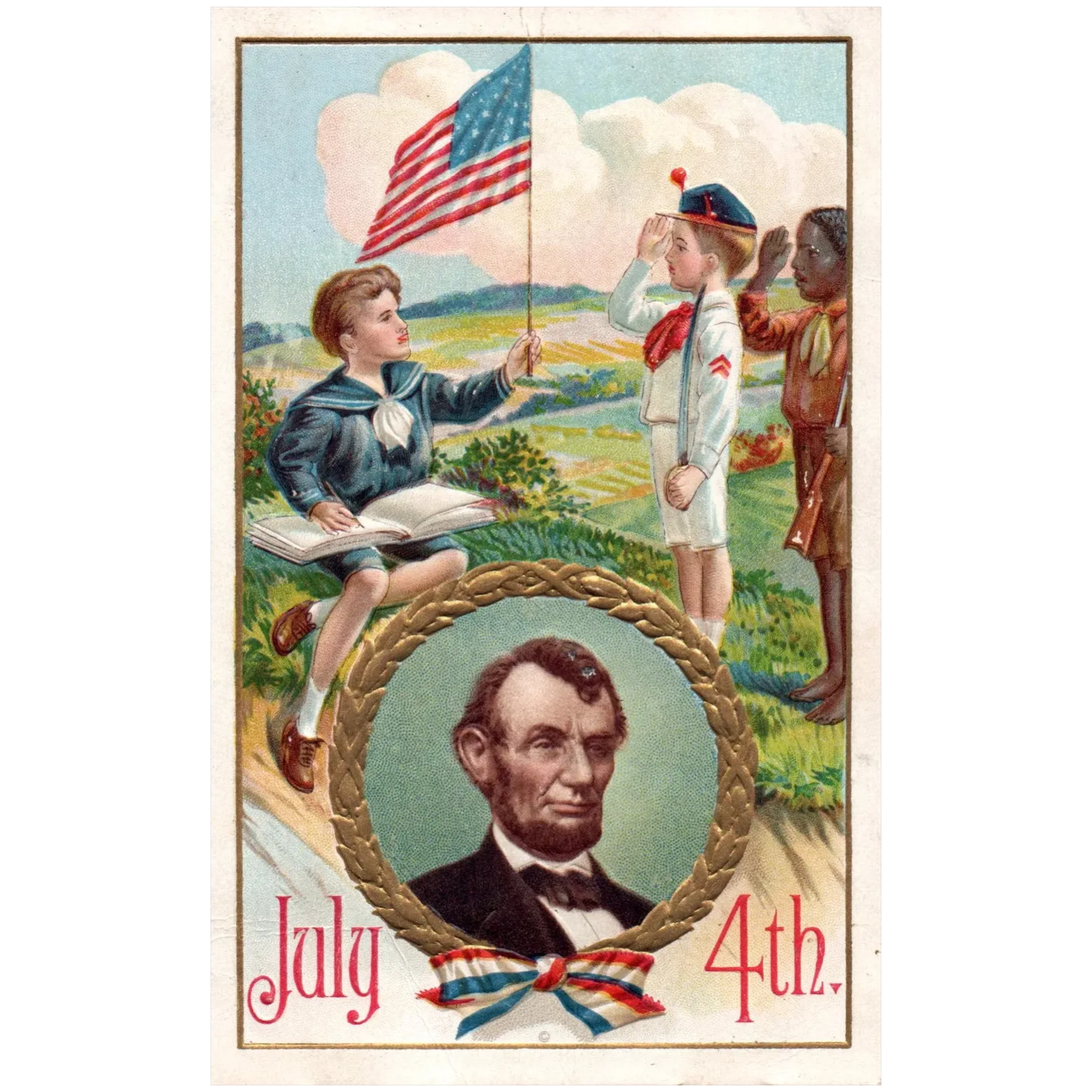 July Fourth Abraham Lincoln Black & White Children with American Flag Postcard