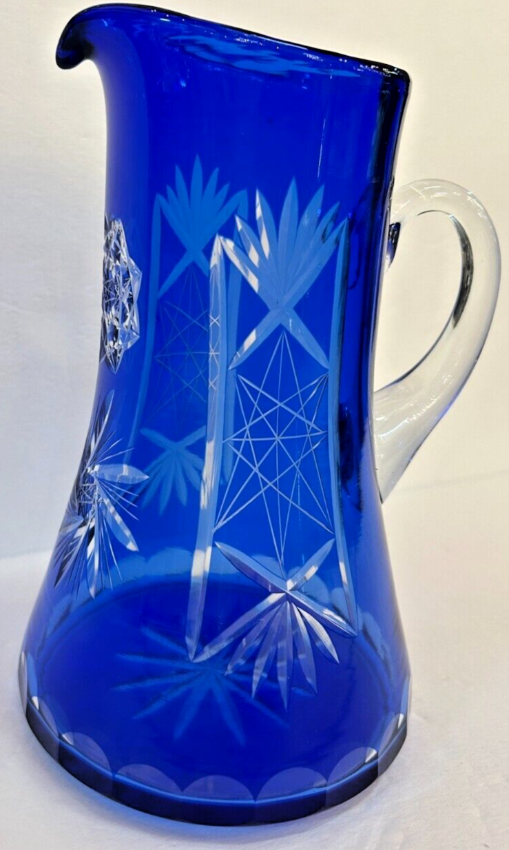 Vintage 9.5" Bohemian Czech Cut crystal Cobalt Blue Glass Pitcher