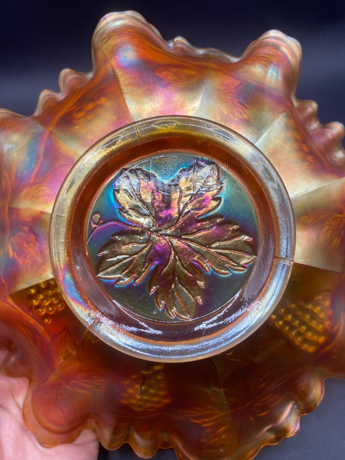 Vintage 8 1/2" Grape Leaves Marigold Carnival Glass Ruffled Edge Bowl Excellent