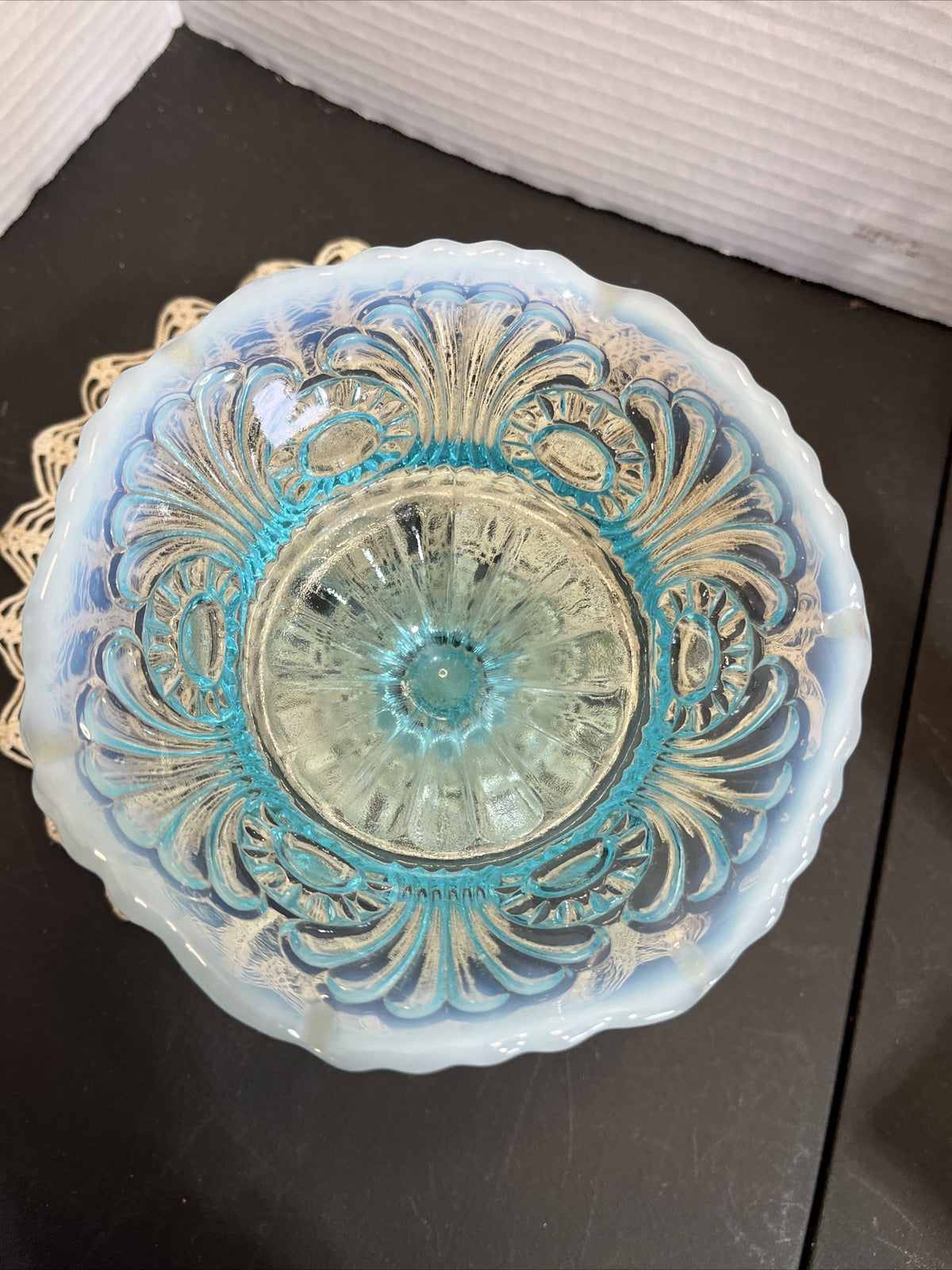 Vintage Blue Fenton Opalescent Glass Pedestal Candy Dish