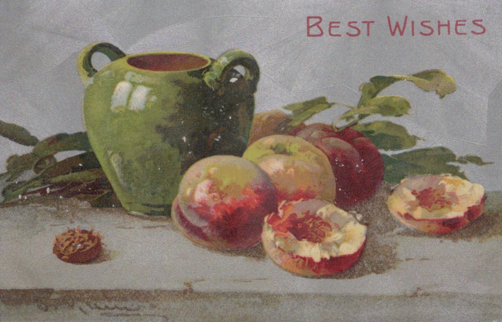 Best Wishes Catherine Klein Artist Signed Fruit  Green Pottery Vase Post Card