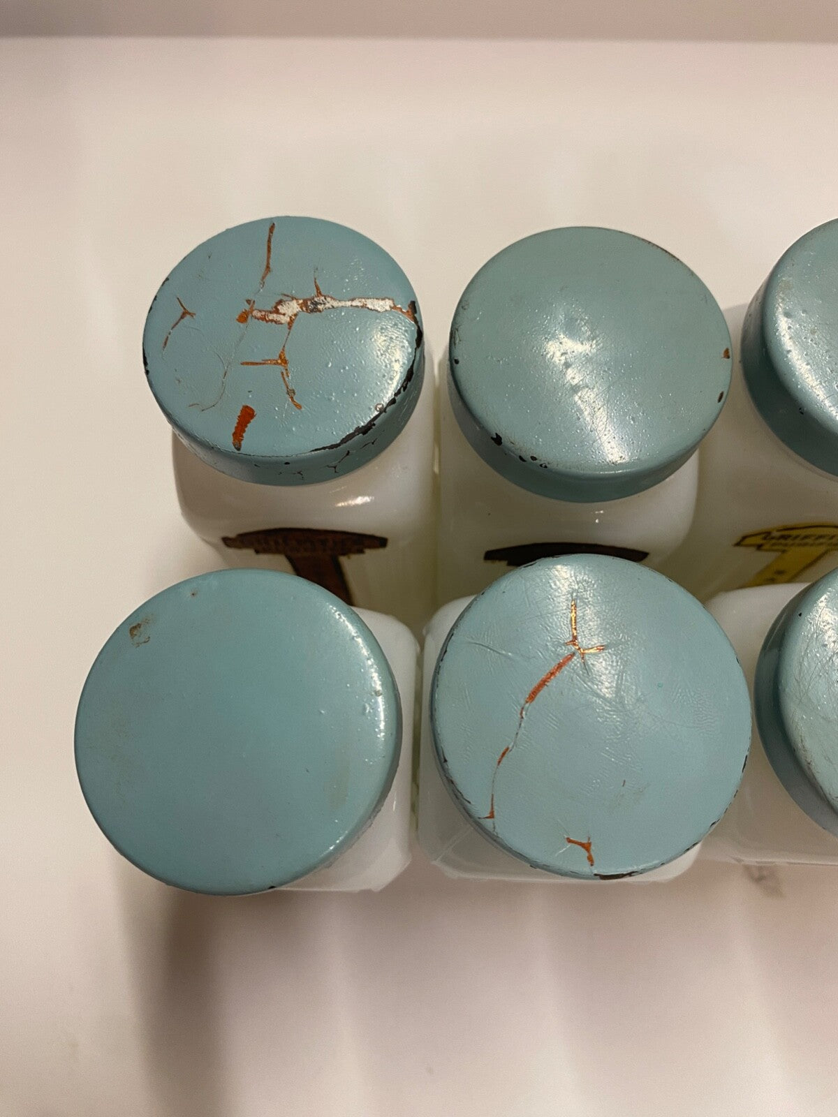 Vintage Griffith's Mid-Century Milk Glass Spice Jar Set of 8 Sage Blue/Green Lid