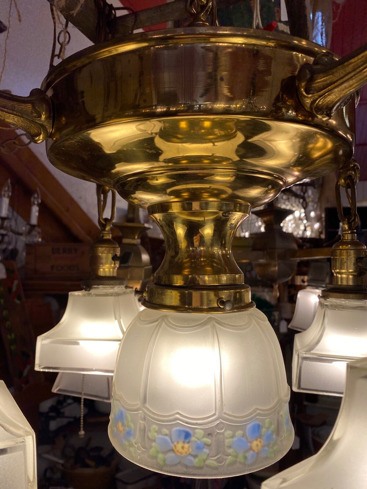 Hand Painted Blue Flower Pan Fixture Chandelier 5 Light 