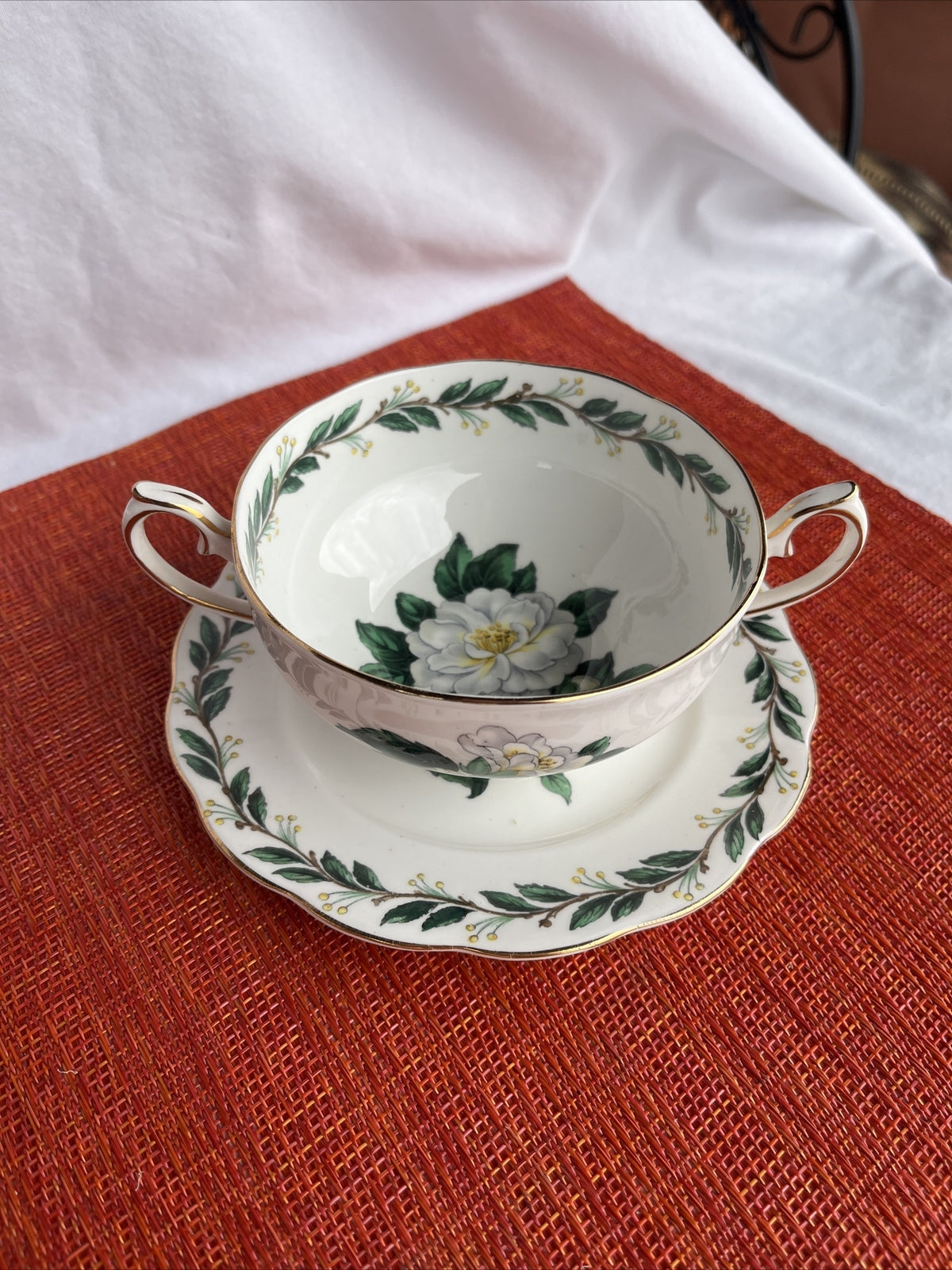 Royal Albert Lady Clare Two Handle Soup Bowl And Plate Gold Trim