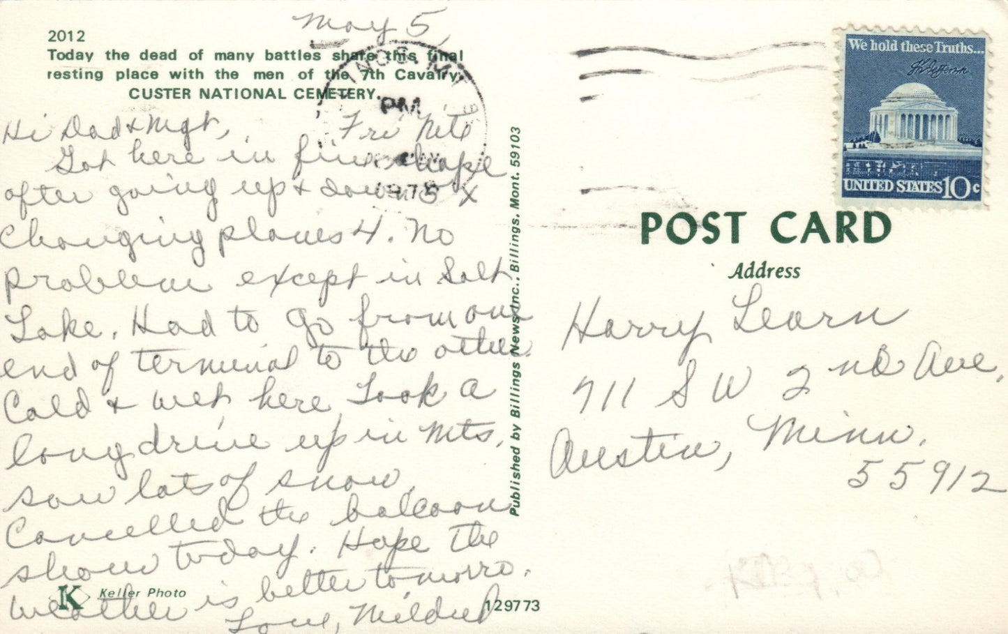 General George Custer Postcard Custer National Cemetery 7th Calvary 