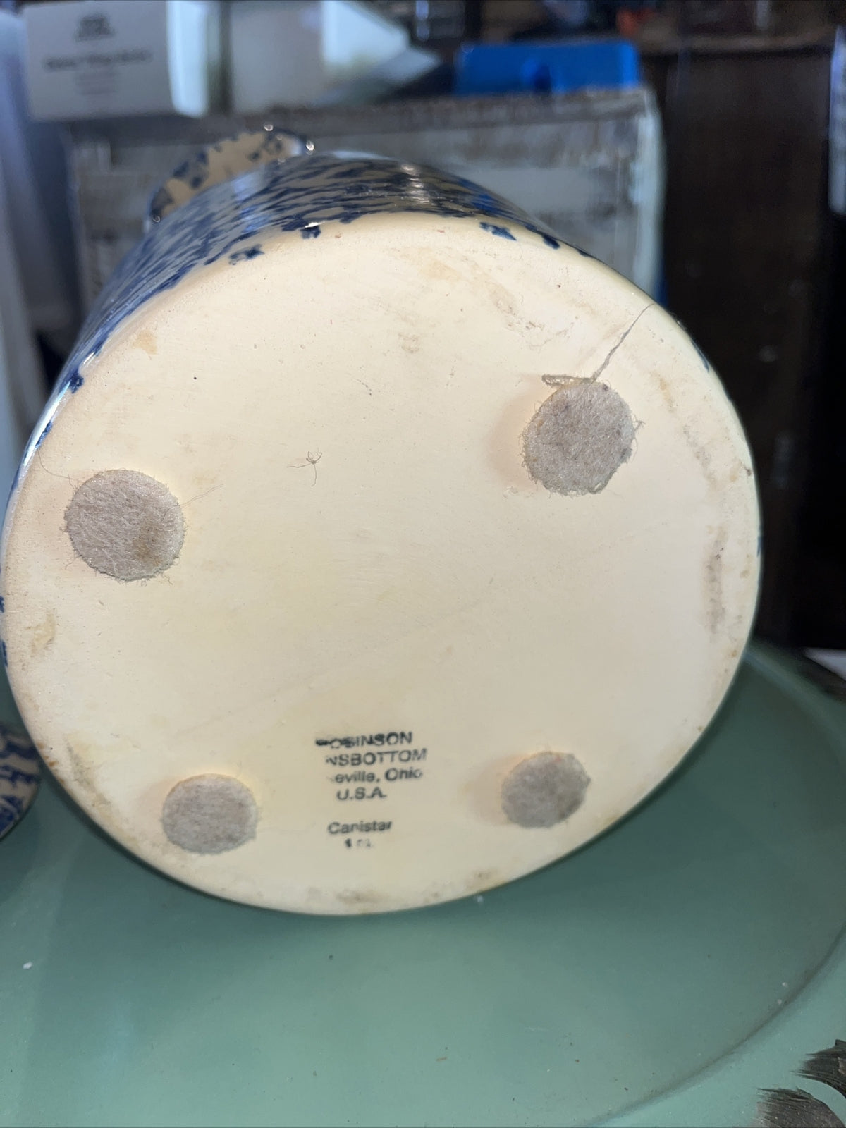 Robinson Ransbottom BLUE Sponge ware 4 Qt  LIDDED CANISTER Roseville USA