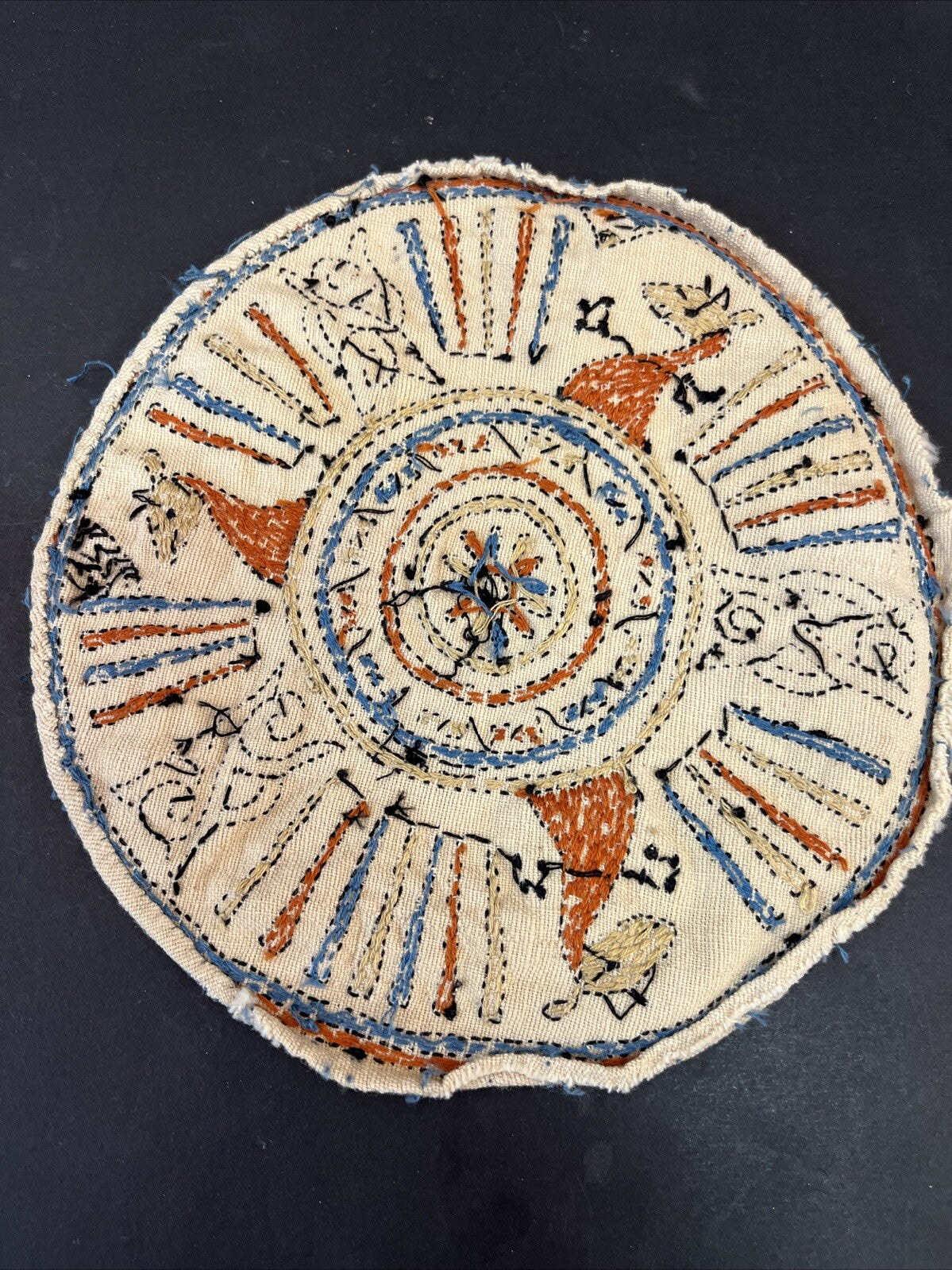 Small Vintage Needlepoint Throw Pillow Tops Blue, Rust & Tan Round MCM Vintage