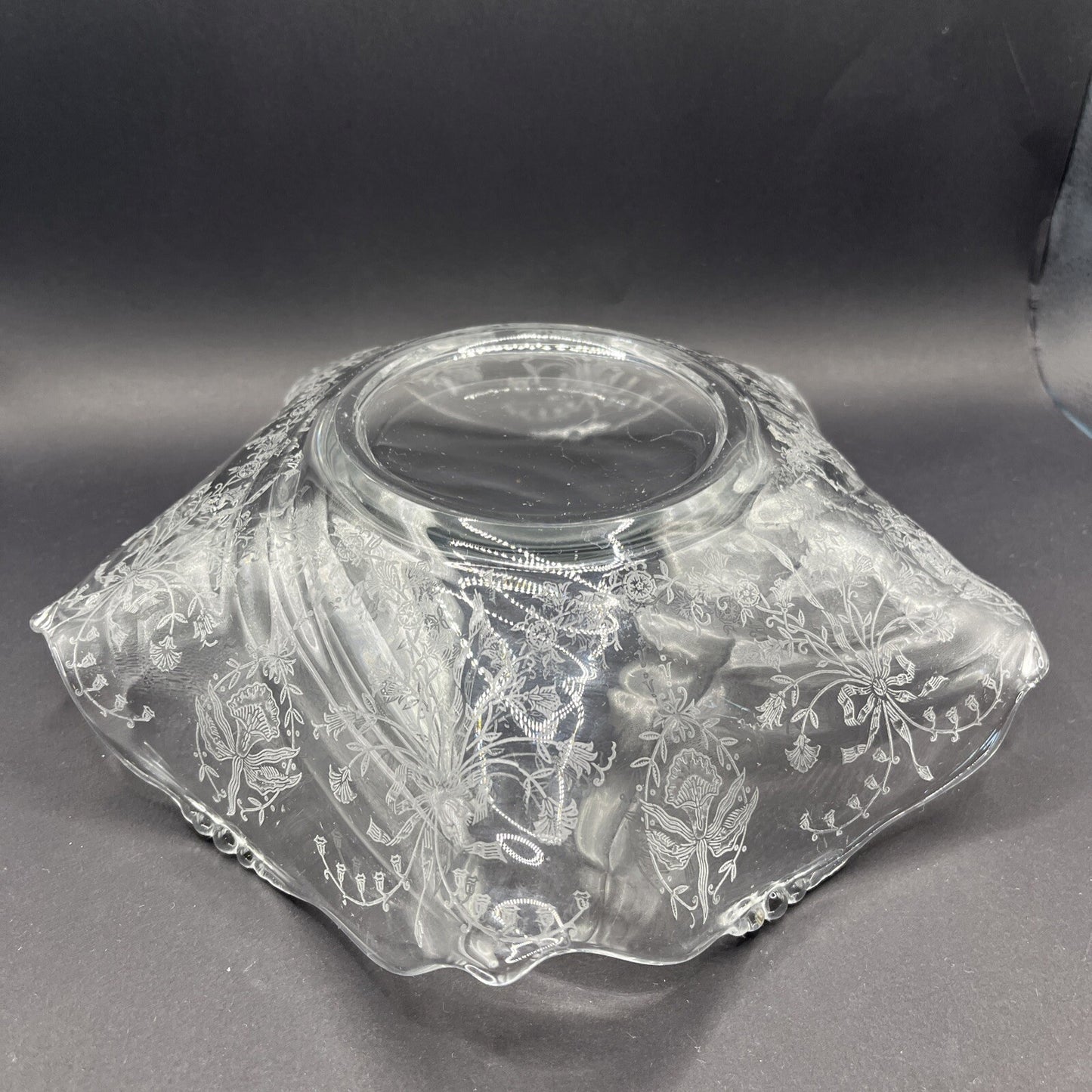 Heisey Orchid Waverly Etched 9" Crimped Flared Round Bowl