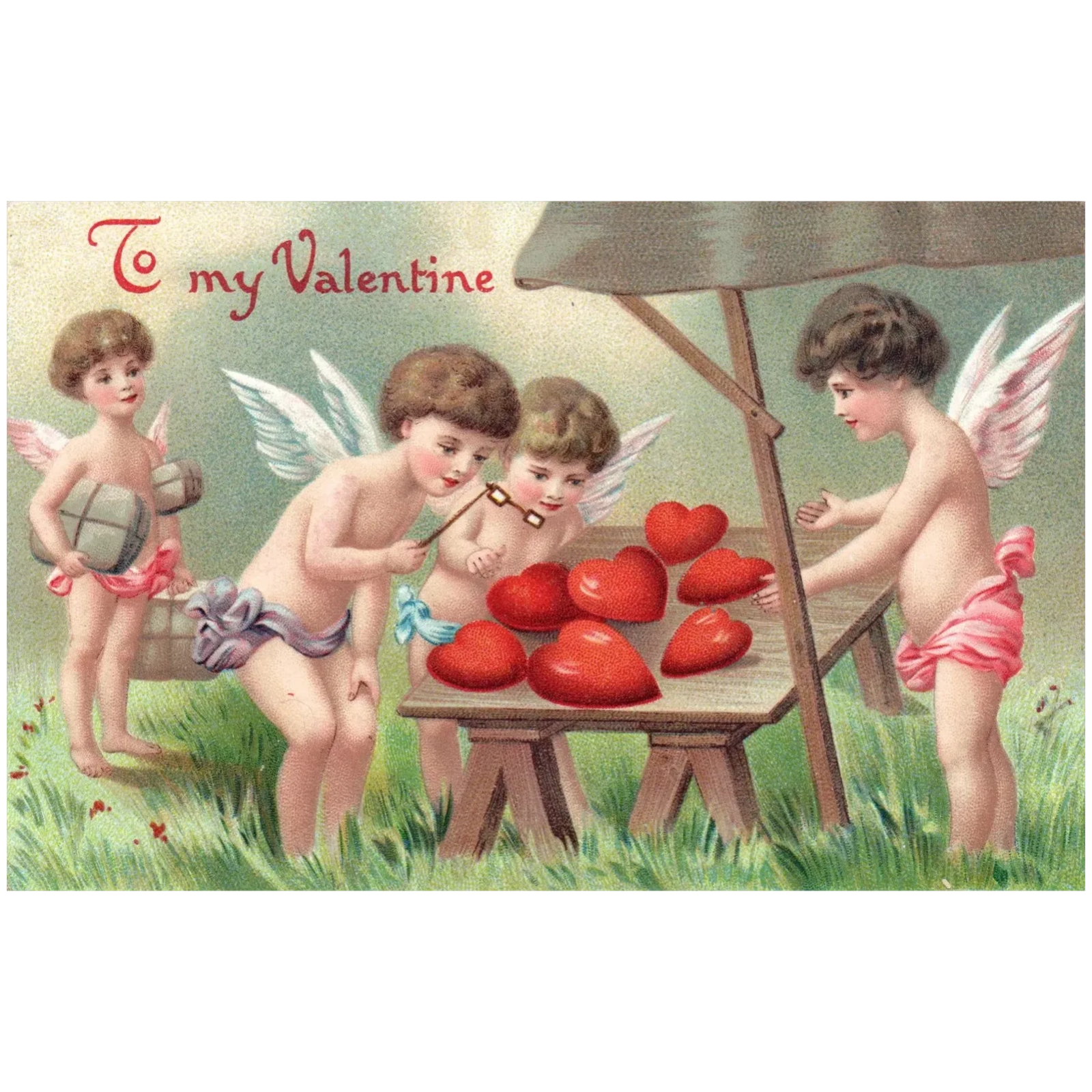 To My Valentine Cherub Children Inspecting Hears Vintage Valentine Postcard