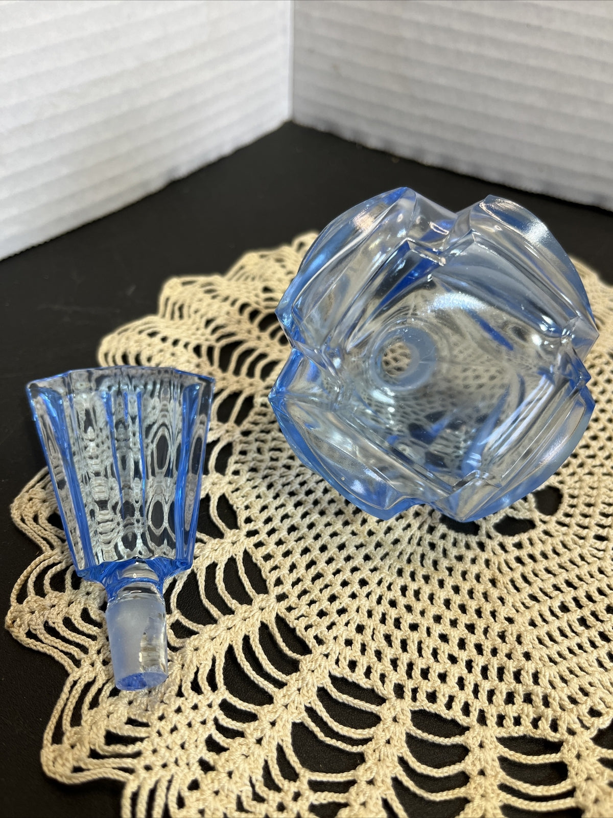 Antique Vintage Glass~German Cut  Blue Perfume Bottle and Stopper