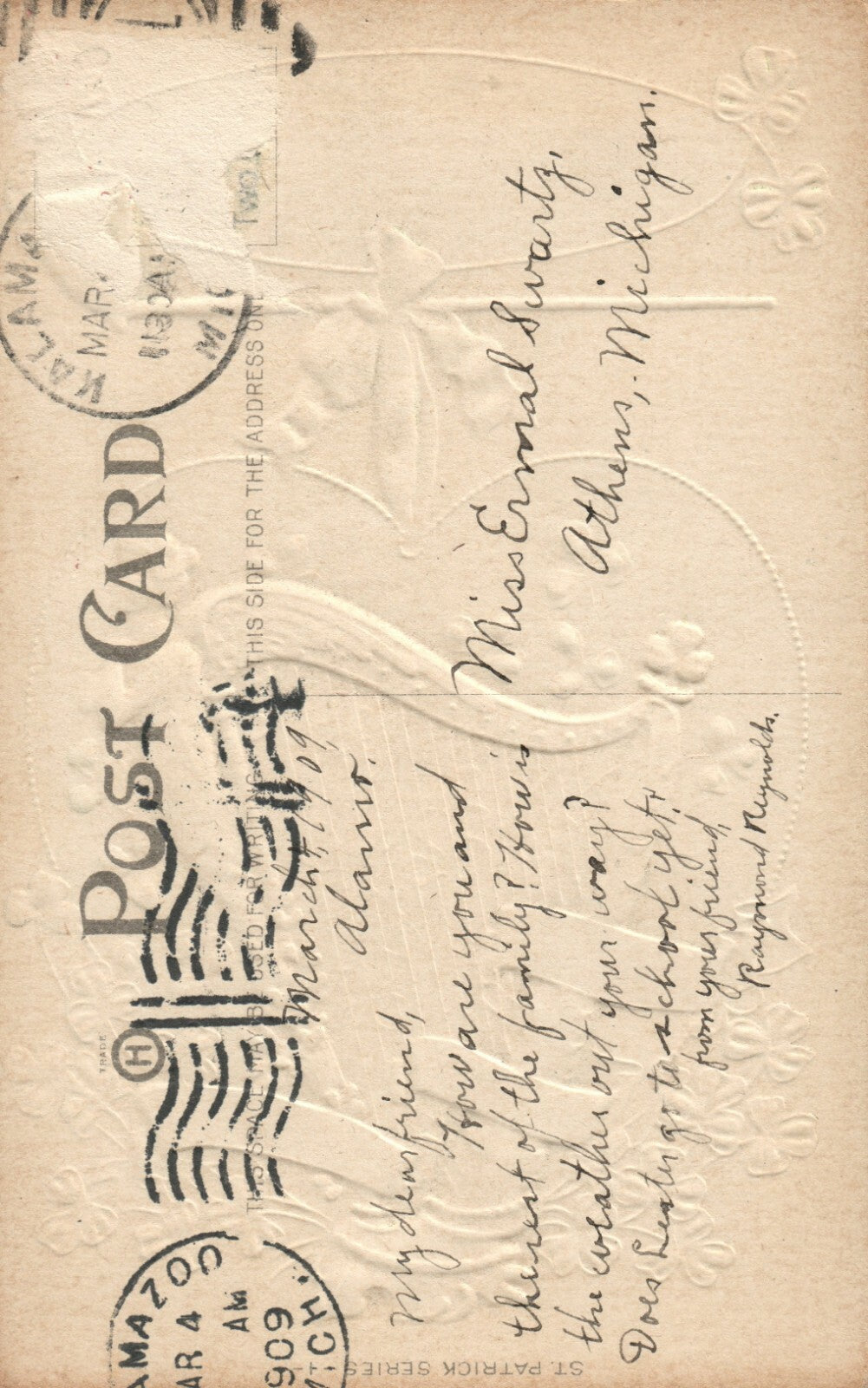 Come Back to Erin Gold Metallic Harp Clovers Green Bow St Patrick's Day Postcard