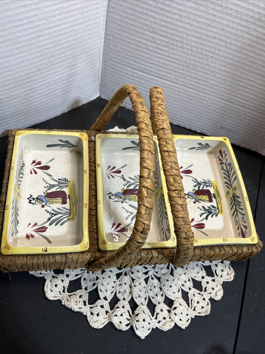 Vintage serving dish in basket three compartments wicker handpainted