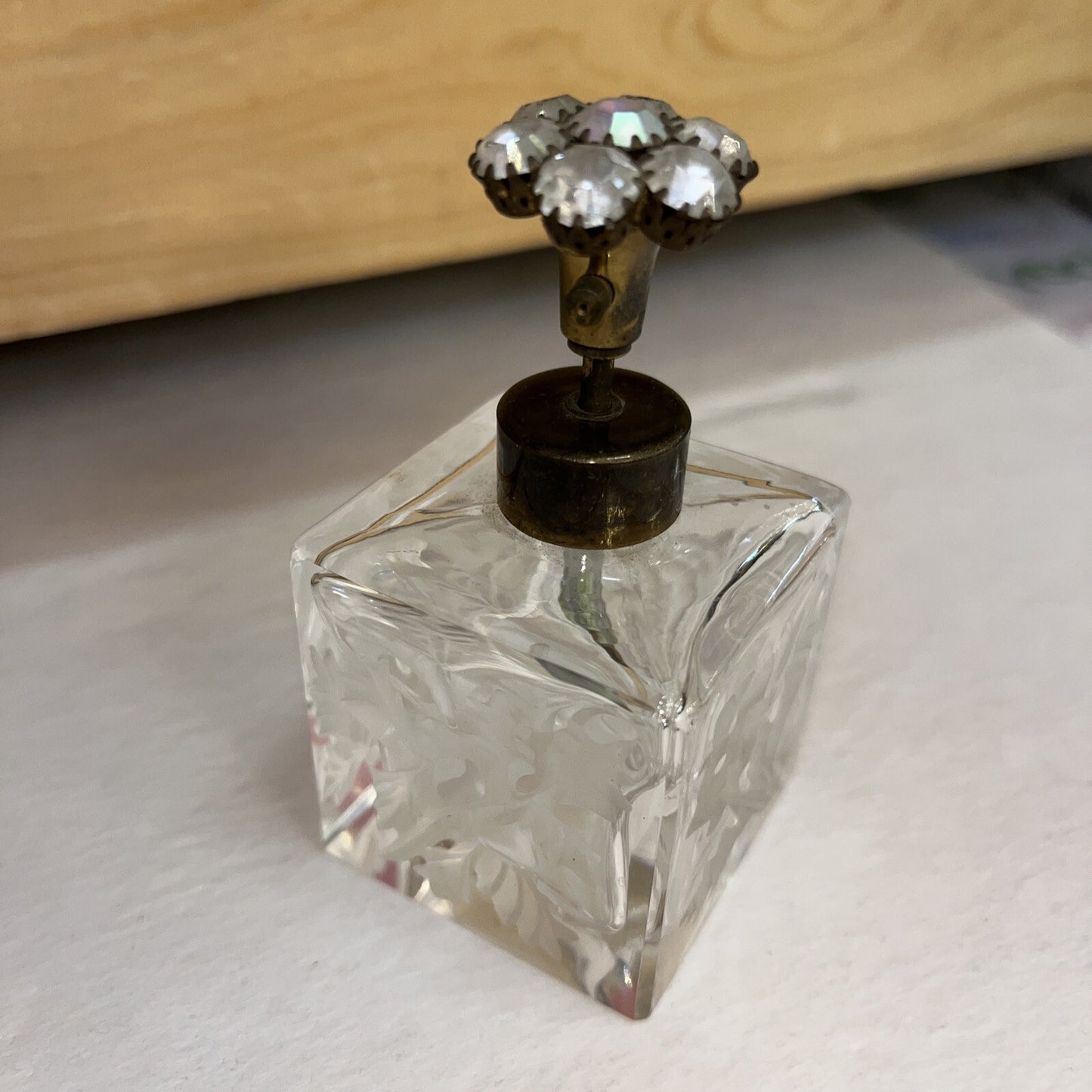 Perfume Bottle Vintage Art Glass, Floral Cut Glass Top, West Germany