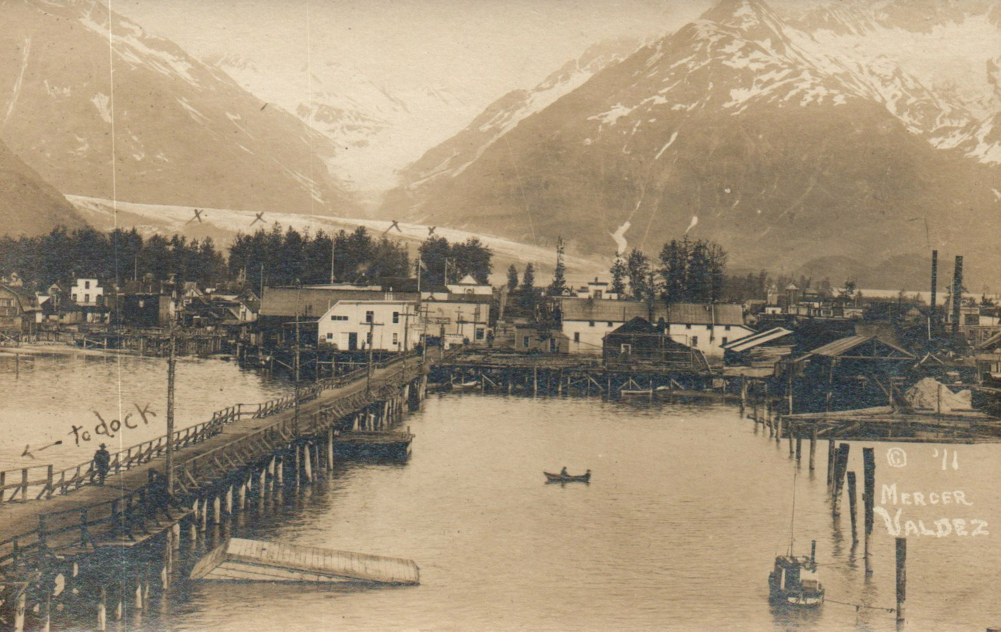 Real Photo RPPC Docks Mountains Village Mercer Valdez AK Alaska Postcard 1911