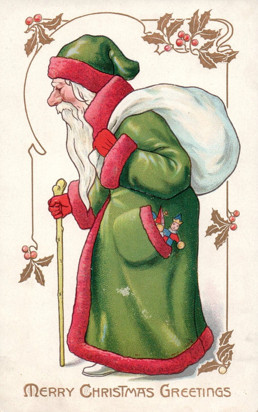 Merry Christmas Greetings Green Robe Santa with Sack of Toys Santa Postcard