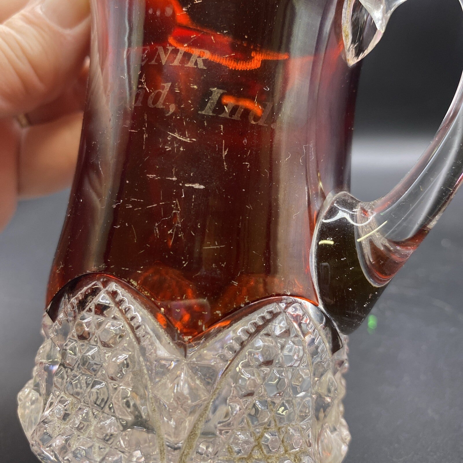 Vintage Ruby Red Flash Glass Souvenir Pitcher South Bend Indiana IN