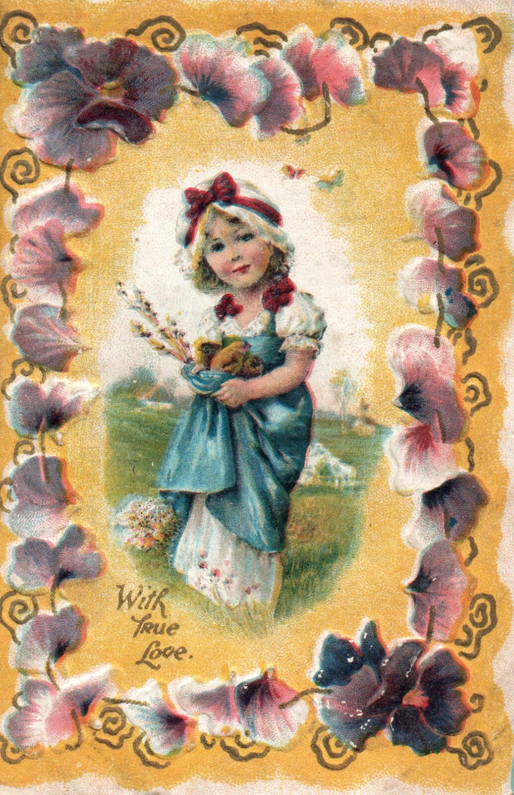 Girl True Love with Purple Pansies embossed