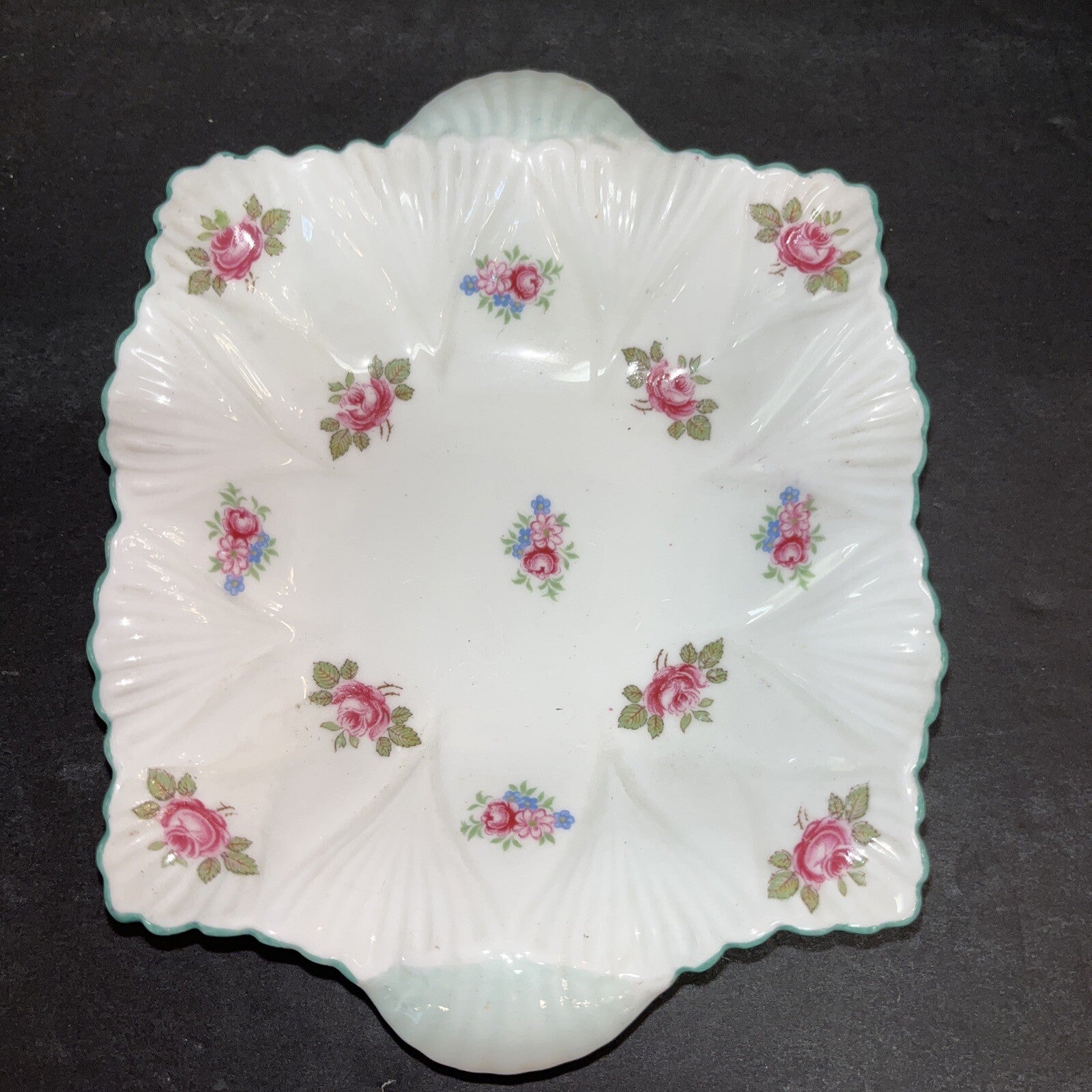 Shelley England Pink/sage Green Floral Bone China Trinket Dish  or Pin Tray