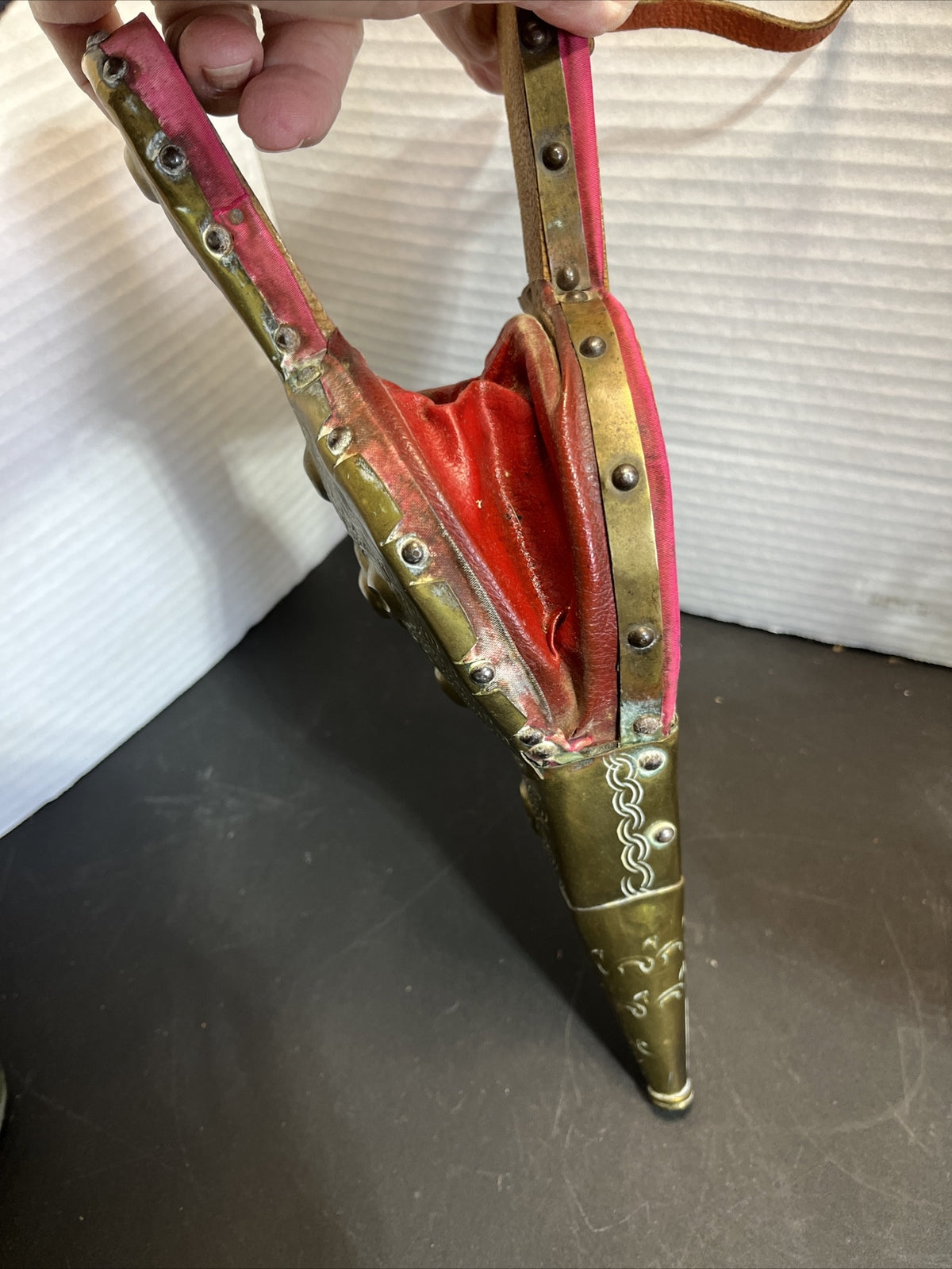 Antique French Handmade Repousse Brass Wood Fireplace Bellow